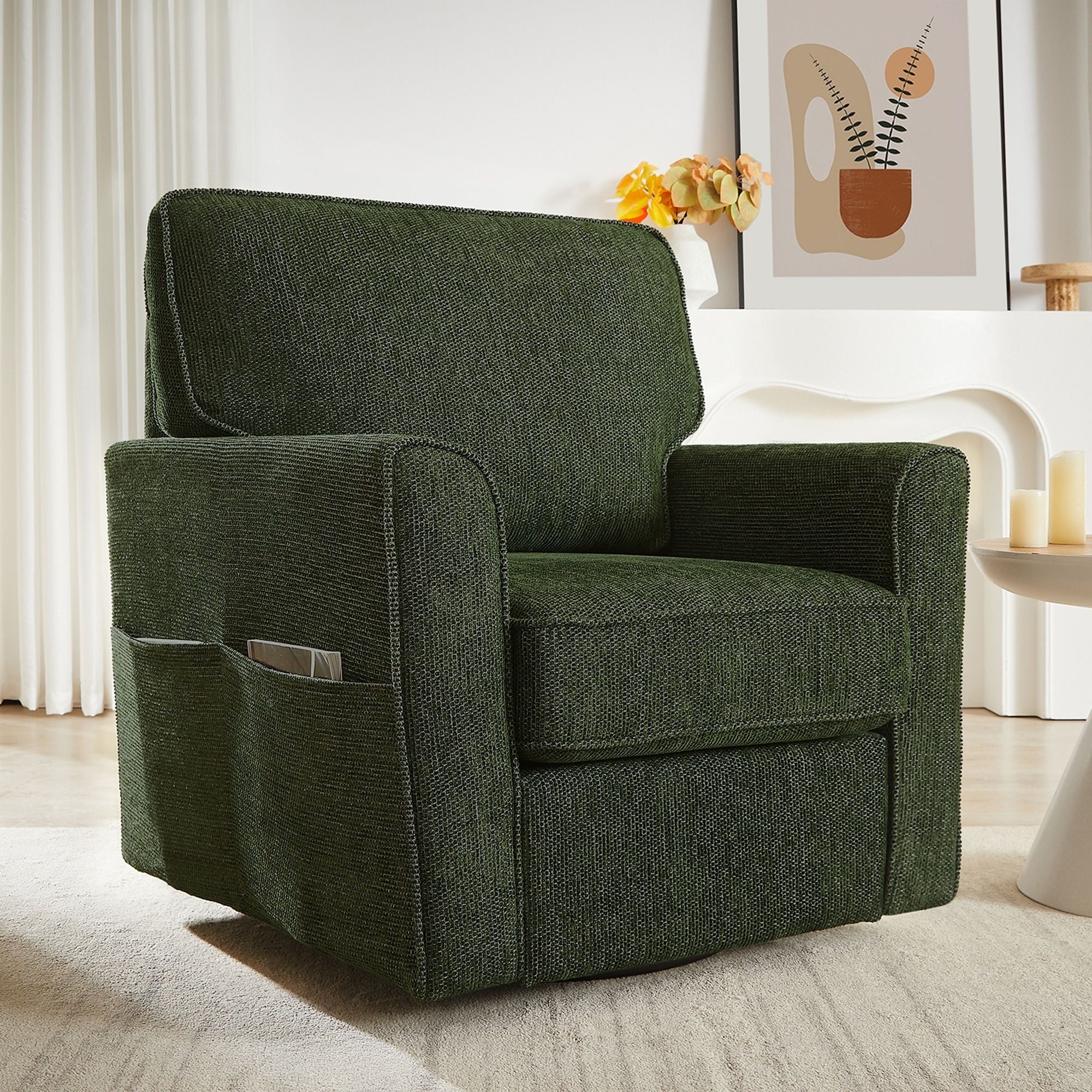 360° Swivel Accent Barrel Armchair With Side Pockets, Compact Design
