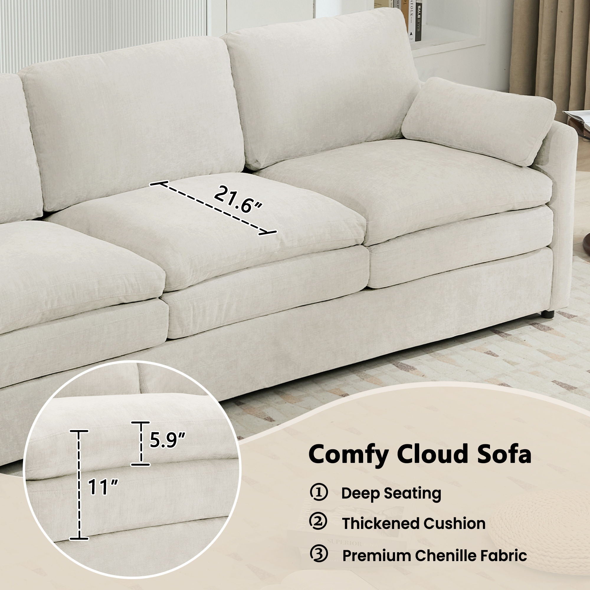 Cozy Upholstered 3 Seater Sofa Plush Cushion For Living Room