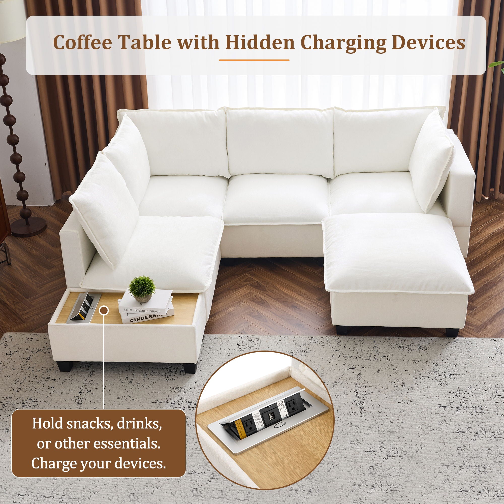 U-Shaped Sectional Modular Sofa With A Movable Ottoman, A Coffee Table With Hidden Charging Devices For Living Room