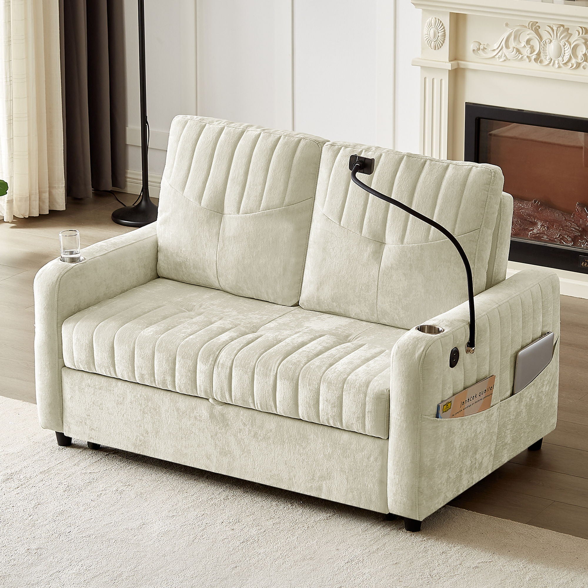 Modern Loveseat Pull Out Sofa Bed With Adjustable Backrest, Two Cup Holders, A Phone Holder, Three Charging Ports And Side Storage Pockets For Living Room