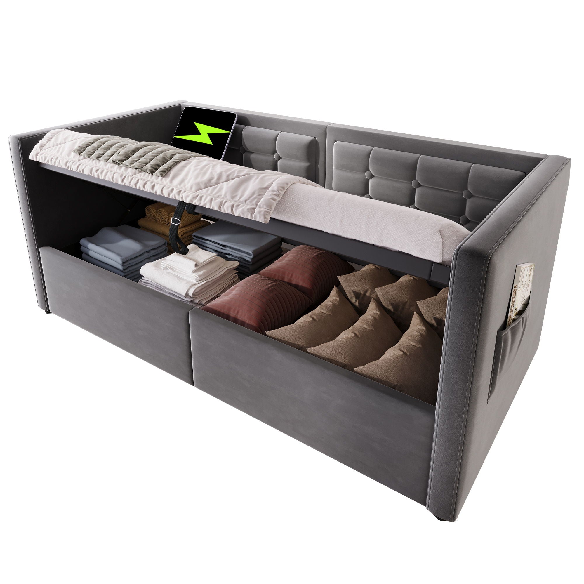 Upholstered Hydraulic Storage Daybed With USB & Type C Charging