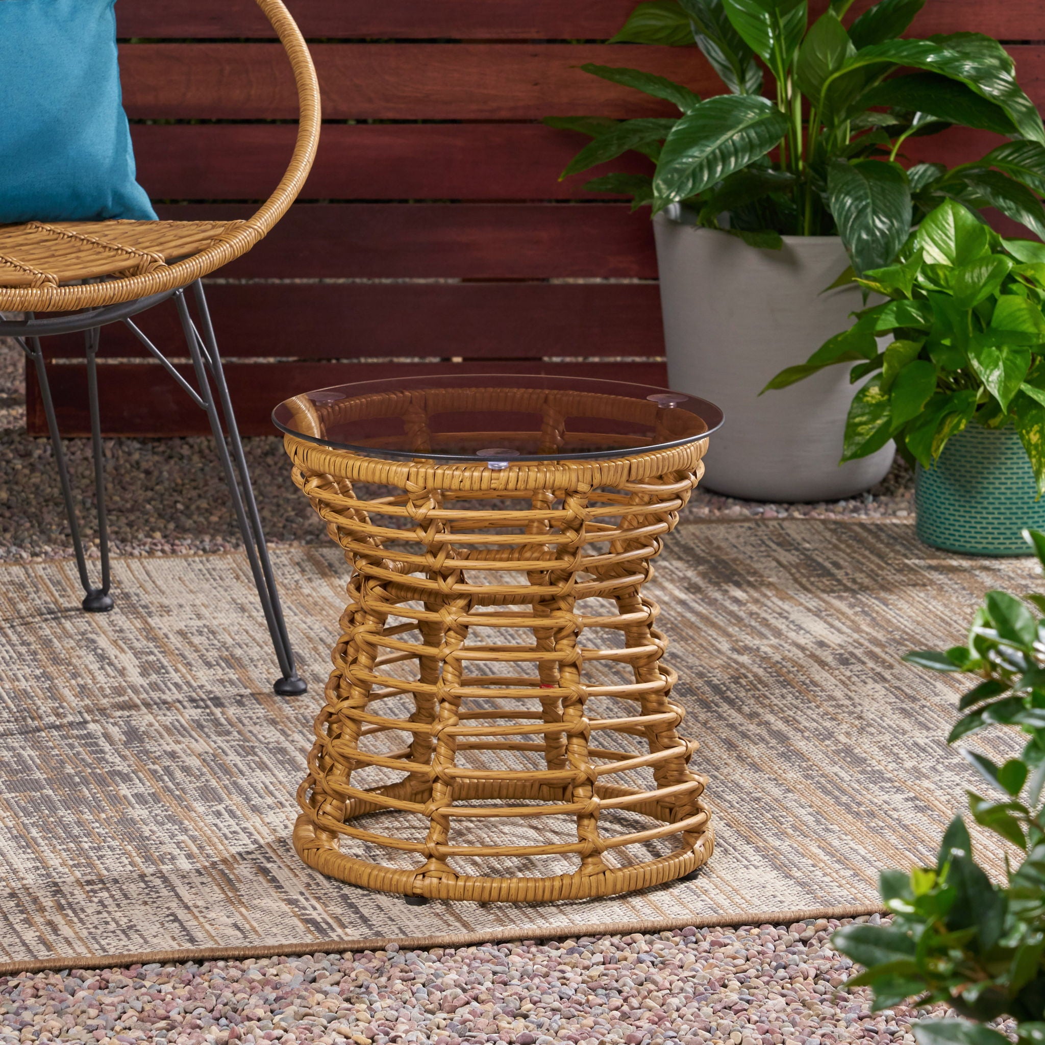 San Pedro - Boho Style Side Table With Tempered Glass Top - Light Brown Rattan
