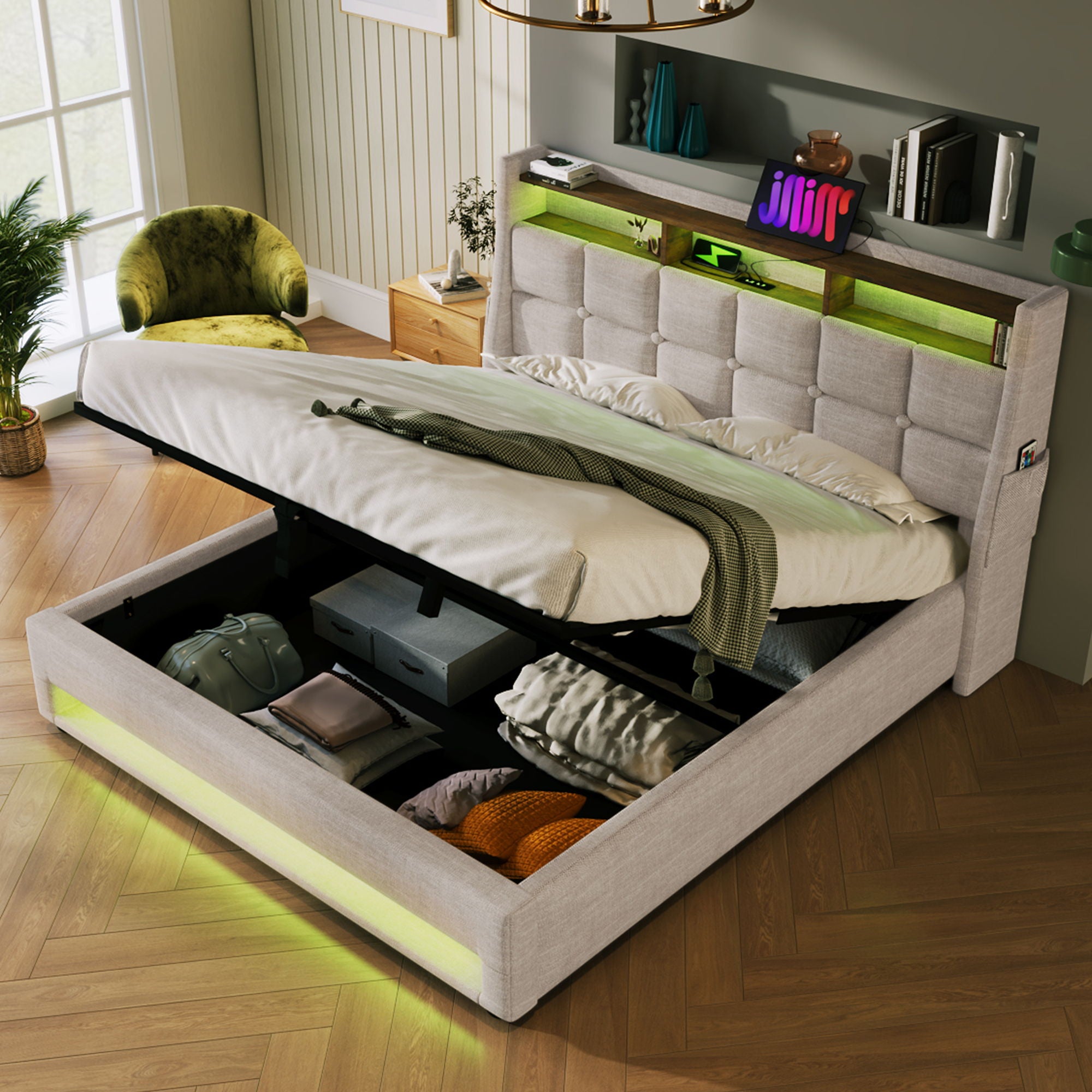 Upholstered Platform Bed With A Hydraulic Storage System, LED And USB Charging (Without Mattress)