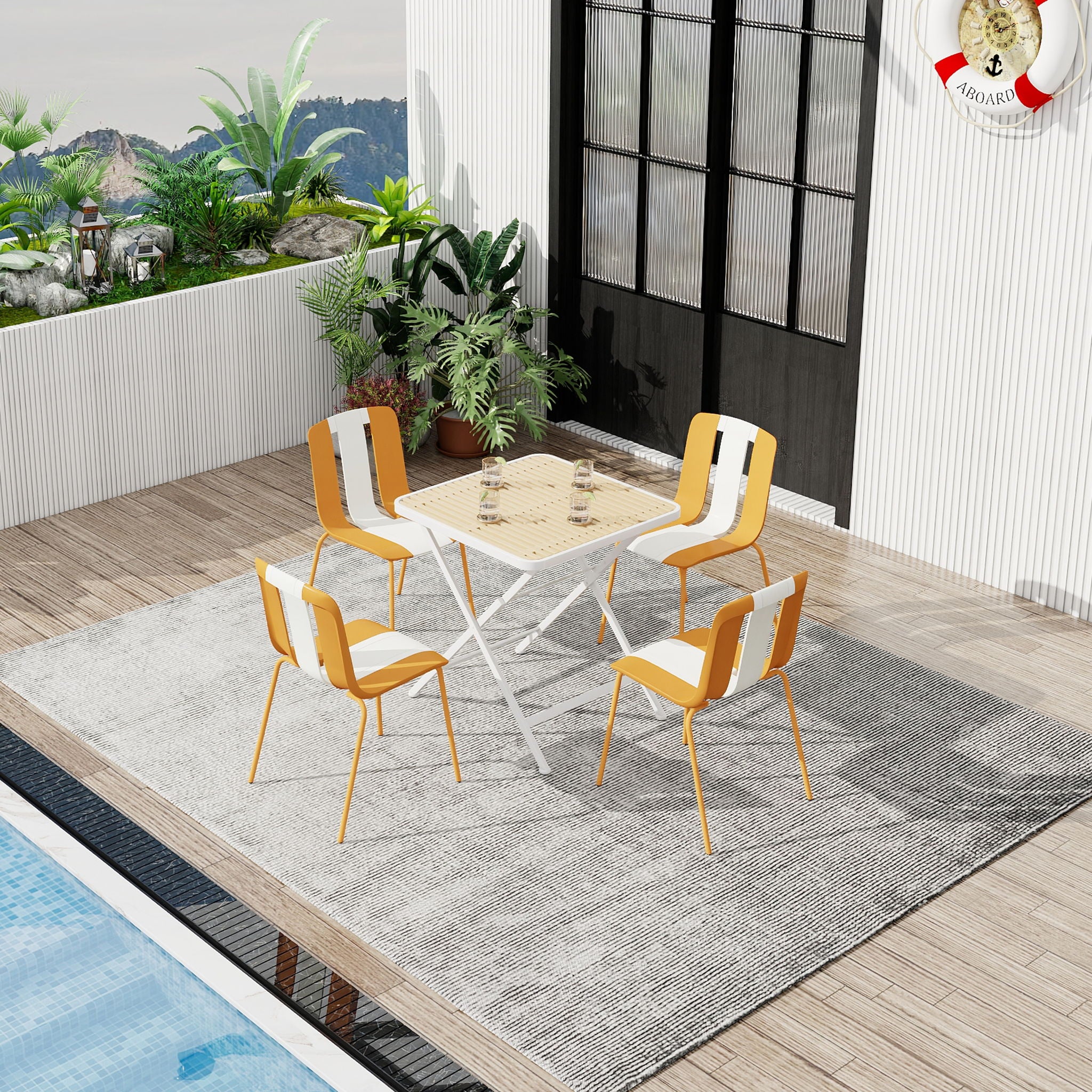 4 Piece Set Of Modern Striped Single Chairs With Folding Square Table