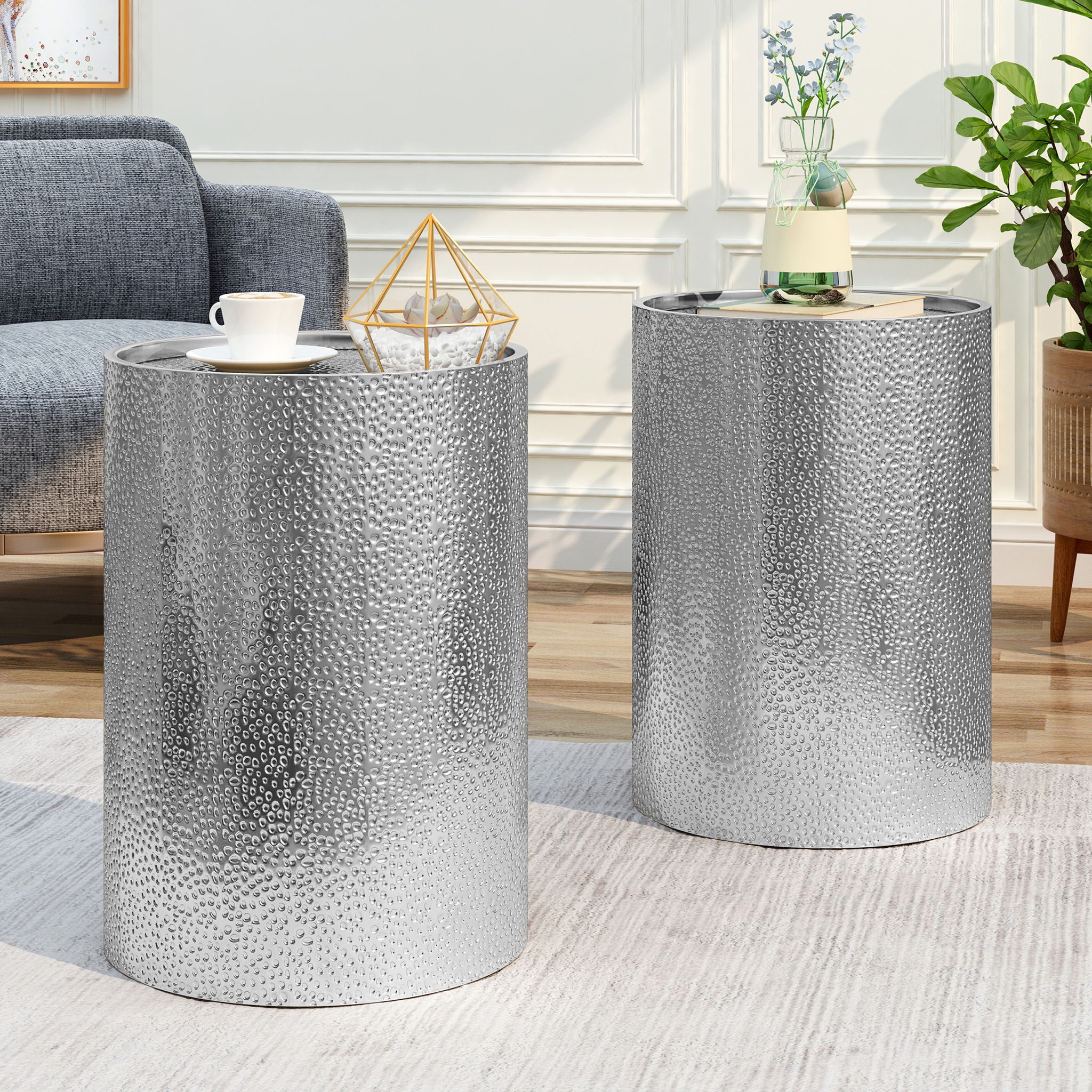 Modern Round Accent Table With Hammered Surface