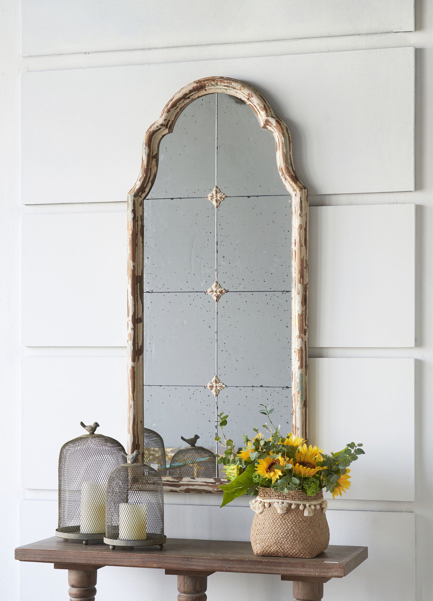 Large & Framed Wall Mirror, Arched Mirror With Decorative Window Look For Living Room - Cream