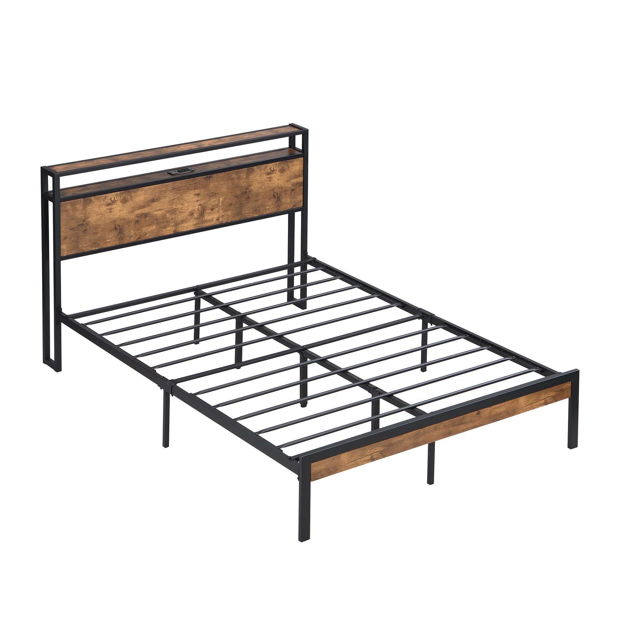 Platform Bed Frame With Wooden Headboard And Footboard, USB Liner