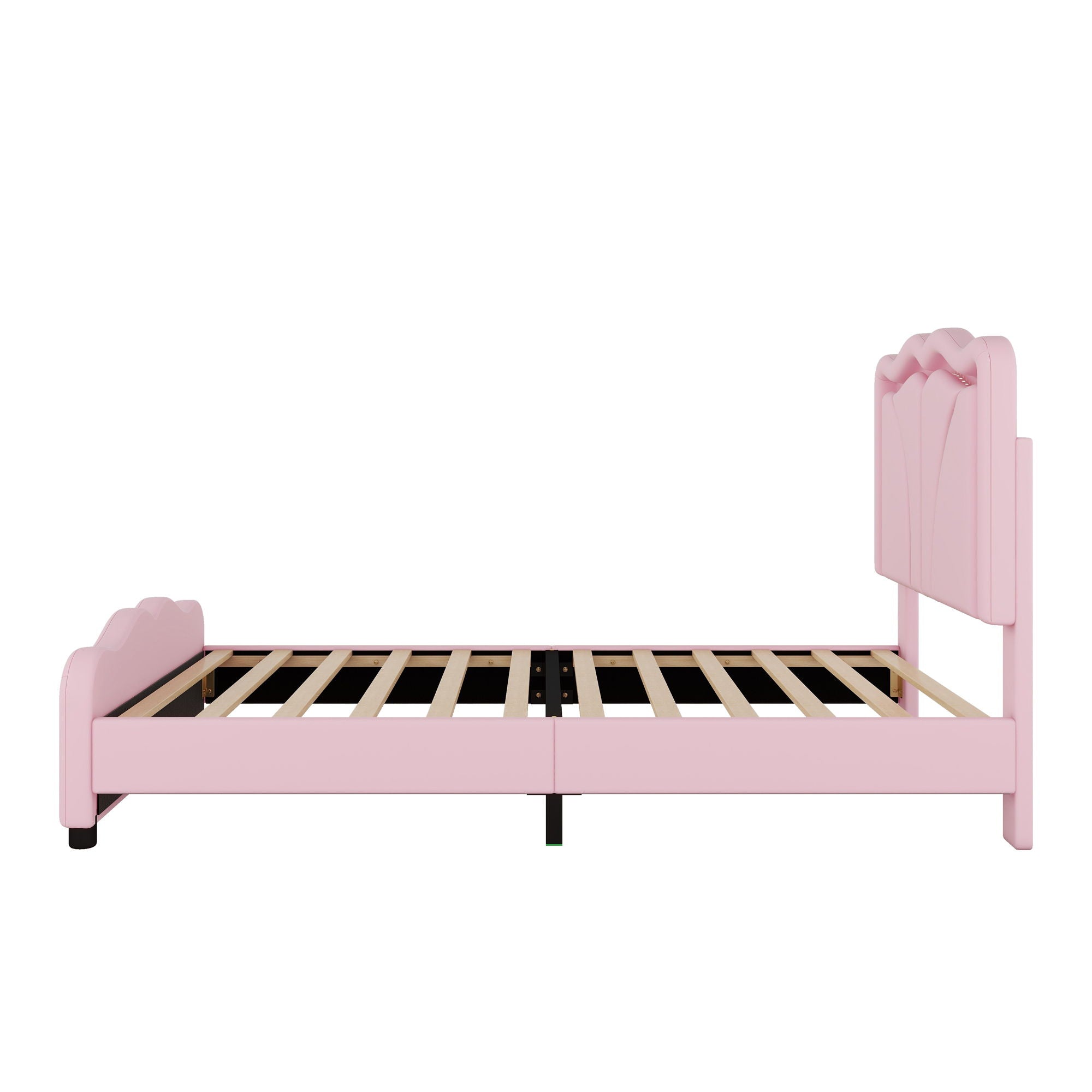 Upholstered Platform Bed & Curve Shaped And Height Adjustable Headboard, LED Light Strips