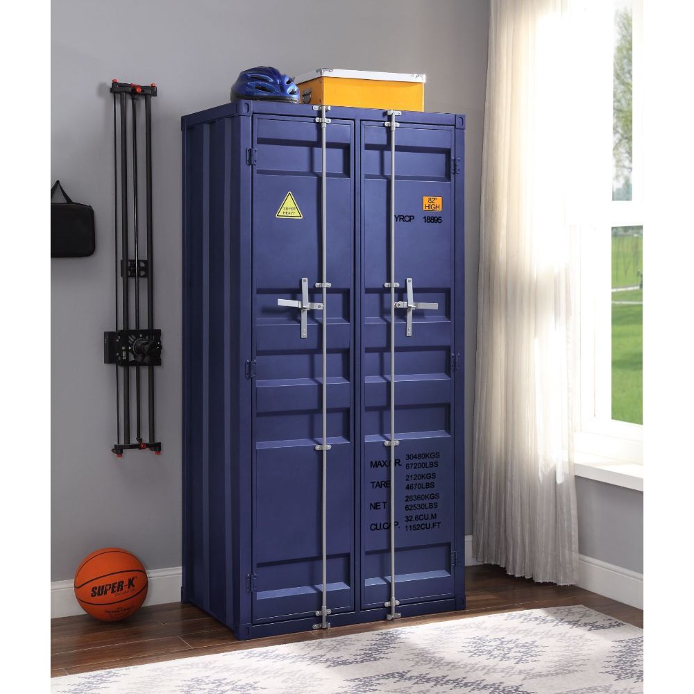 ACME The Cargo Wardrobe is an excellent addition for storage in any bedroom, garage, or even in an off-site storage unit. This functional piece is created from iron metal and includes two front doors with a rod for hanging clothes and five open compartmen