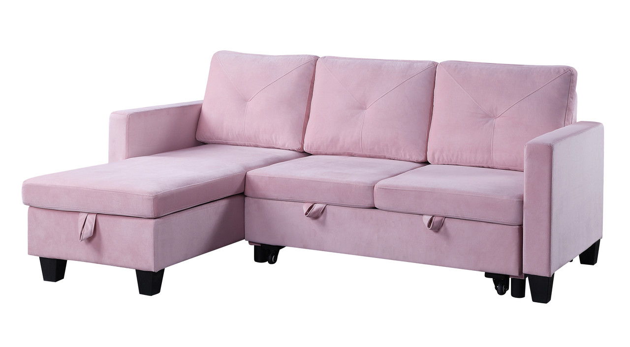 Nova 82.5"W Pink Velvet Reversible Sleeper Sectional Sofa with Storage Chaise