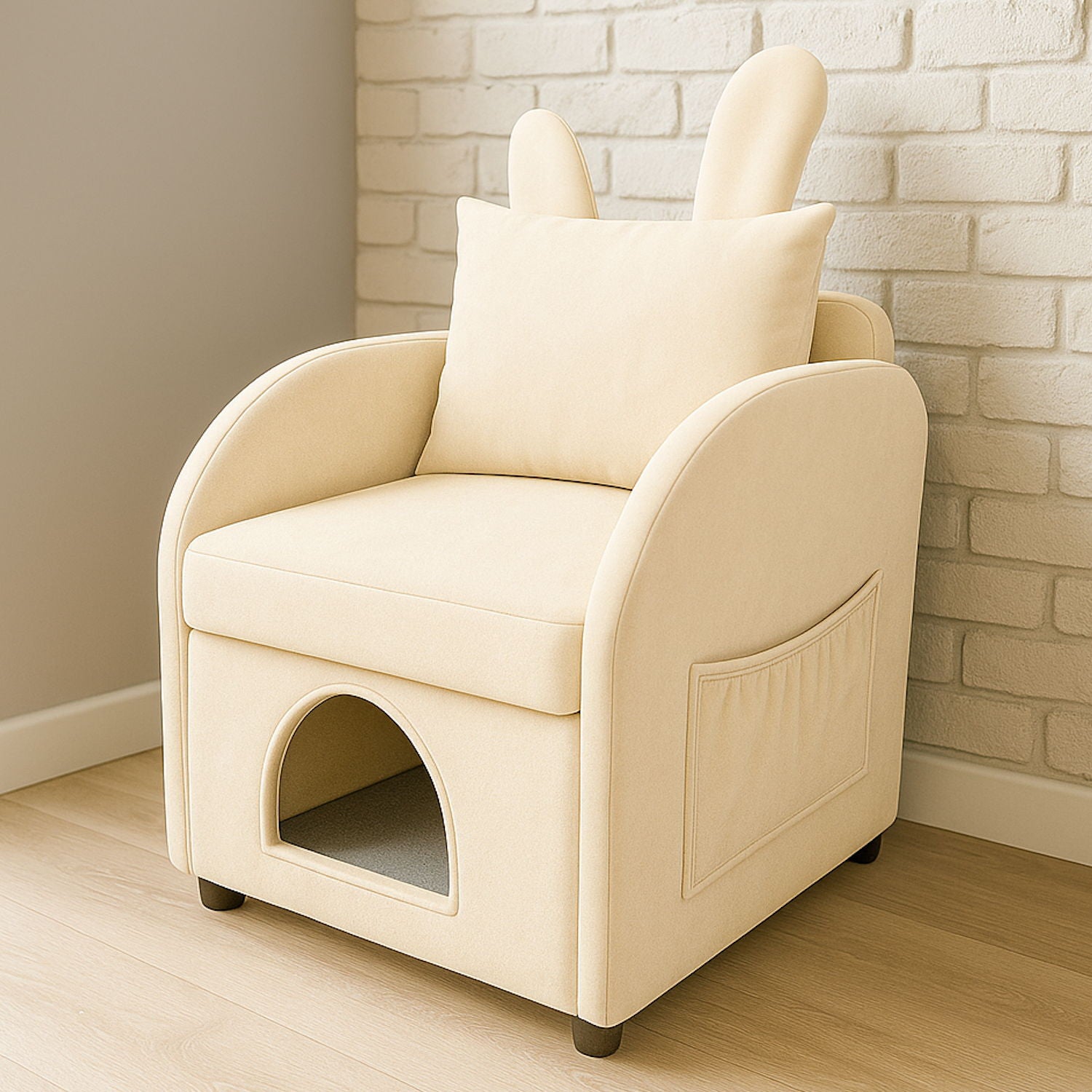 Bunny Ear Pet Friendly Armchair With Hidden Pet House With Storage Pocket For Bedroom & Living Room - Beige