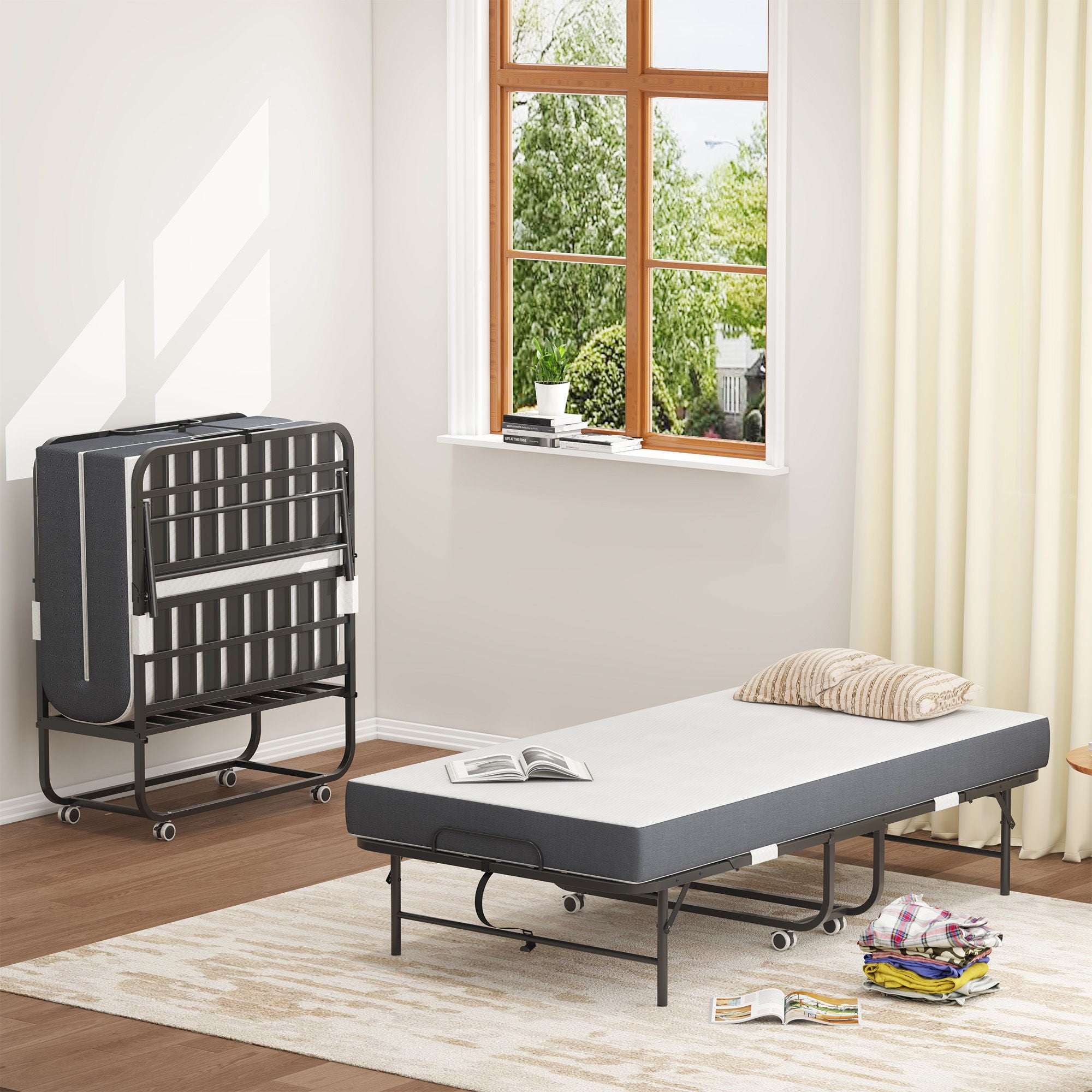 Twin Folding Bed With Memory Foam Mattress Portable Rollaway Bed Sturdy Metal Frame - Brushed Nickel