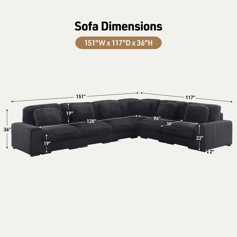 Sloane 151"W Charcoal Corduroy Fabric Reversible L-Shape Modular Sectional Sofa