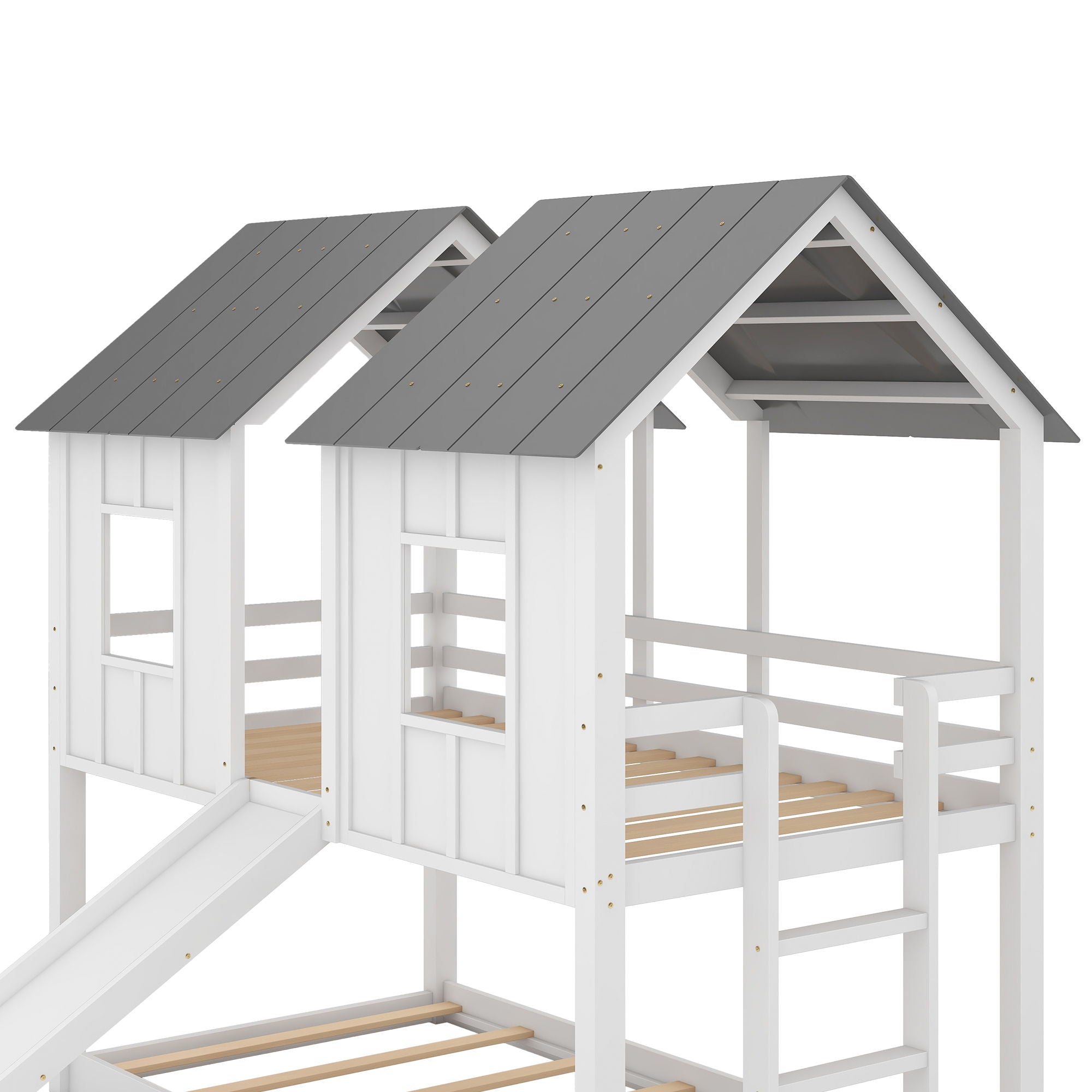 Twin Over Twin House Bunk Bed With Slide And Windows - White / Gray