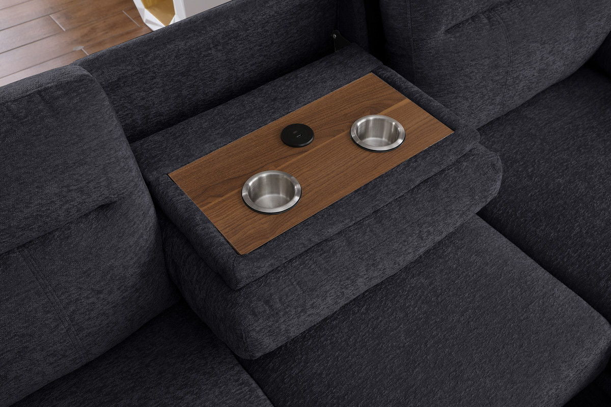 Kipling II 94"W Dark Gray Chenille Fabric Sleeper Sectional Sofa with Right-Facing Chaise, Cupholders, USB Charging port