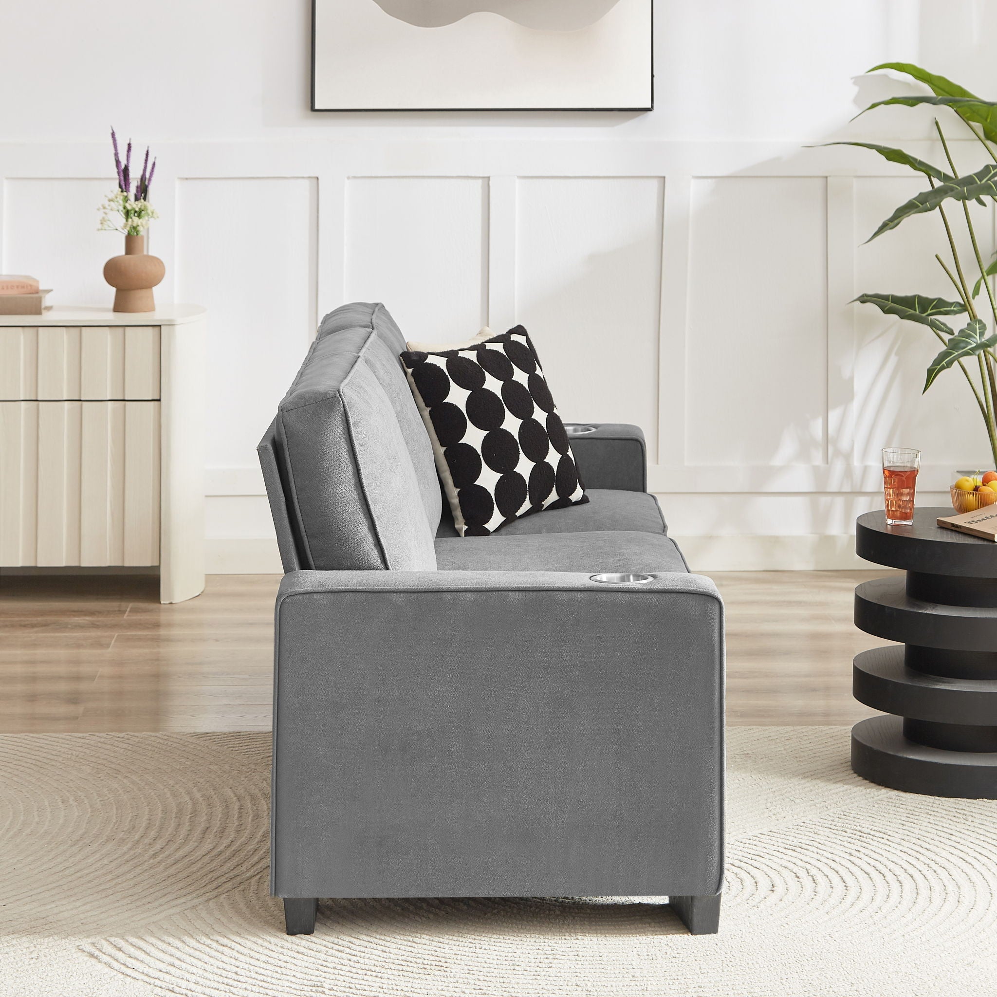 Modern Snowfleece Fabric 3 Seater Sofa With Cup Holder