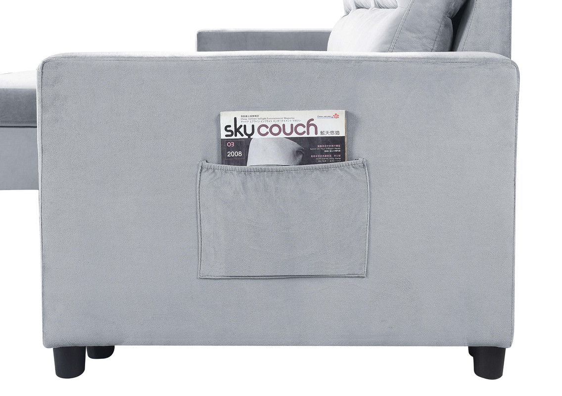 Ivy 81.5"W Light Gray Velvet Reversible Sleeper Sectional Sofa with Storage Chaise and Side Pocket