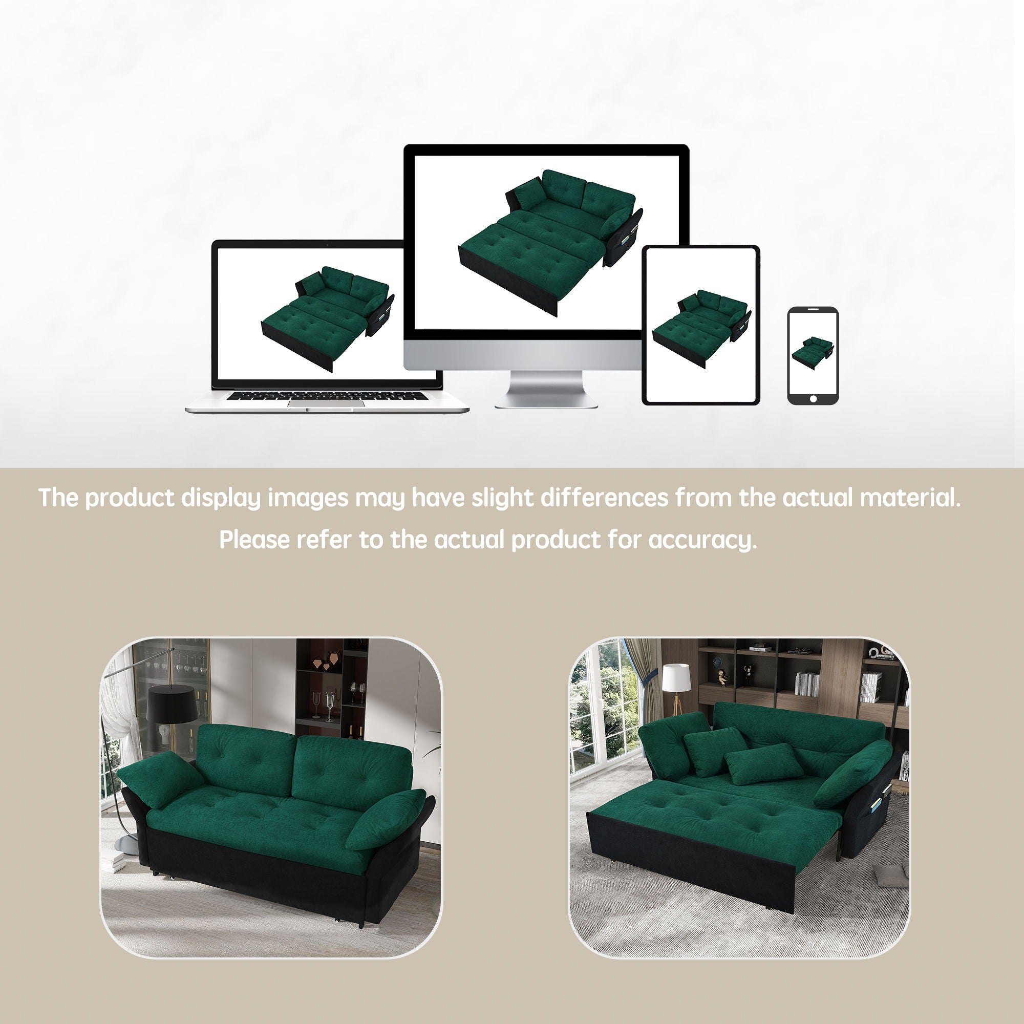 Modern Convertible Sleeper Sofa Bed With Pull-Out Queen Design, Side Storage & Thick Cushions