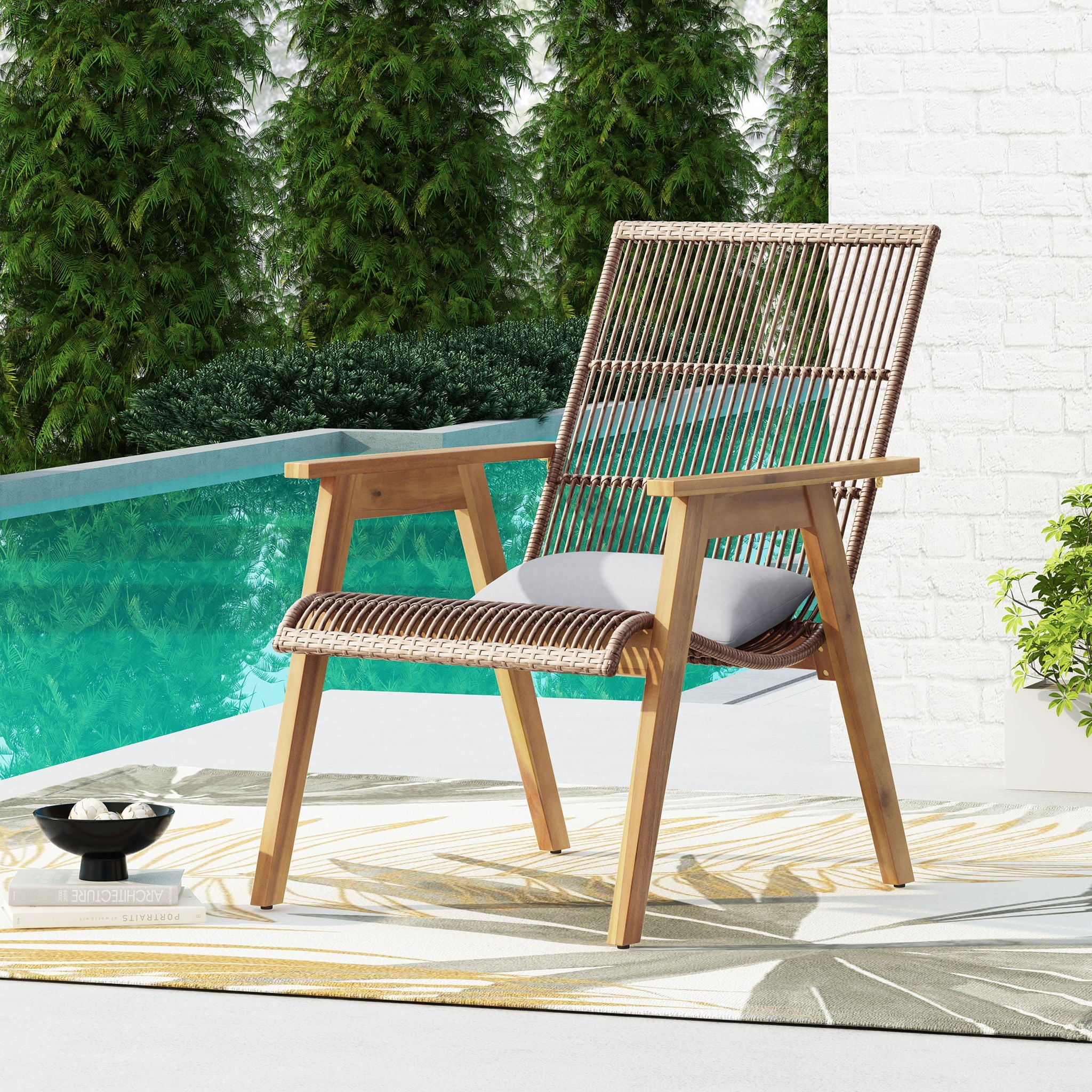 Acacia Wood Cape Woven Wicker Large Lounge Chair With Pillow For Patio, Deck, Yard, Lawn And Garden Seating Wicker (Set of 2) - Teak