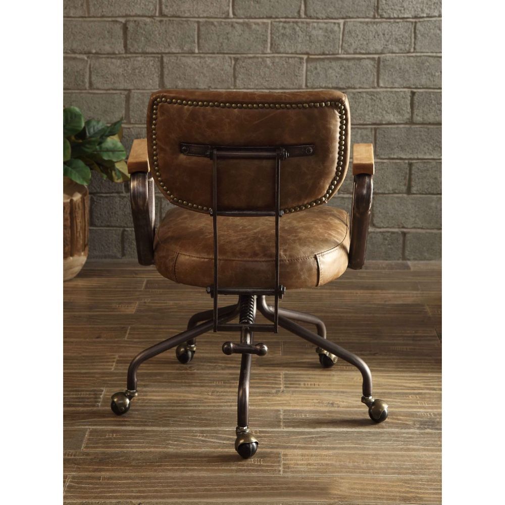 ACME Our durable Hallie office chair gets its industrial look from oversized button tufted back and vintage top grain leather. The 5-star swivel base fitted with casters, it keeps you moving from one task to the next. Some Assembly Required. | Meri Furnit