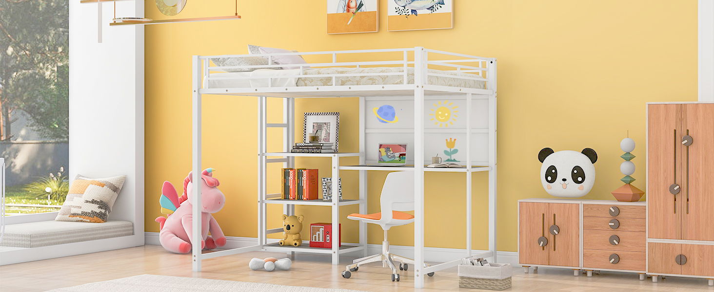 Metal Loft Bed With Desk, 3 Shelves And Ladder