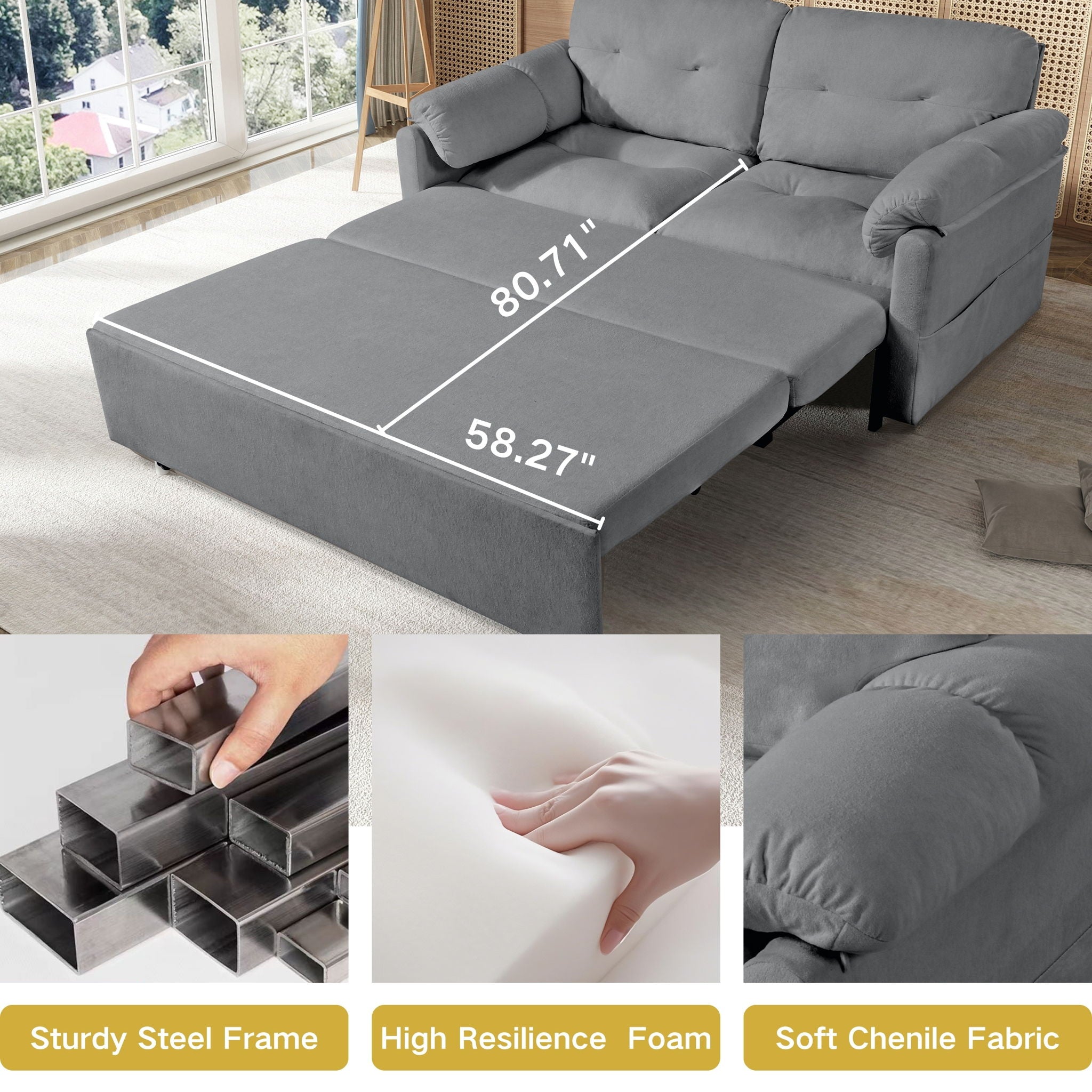 Modern Convertible Sleeper Sofa Bed With Pull-Out Queen Design, Side Storage & Thick Cushions