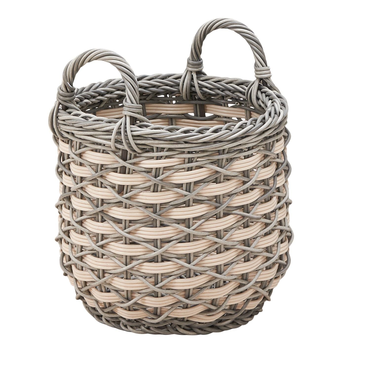 Round Resin Woven Wicker Multi Use Storage Basket With Handles - Cream / Gray