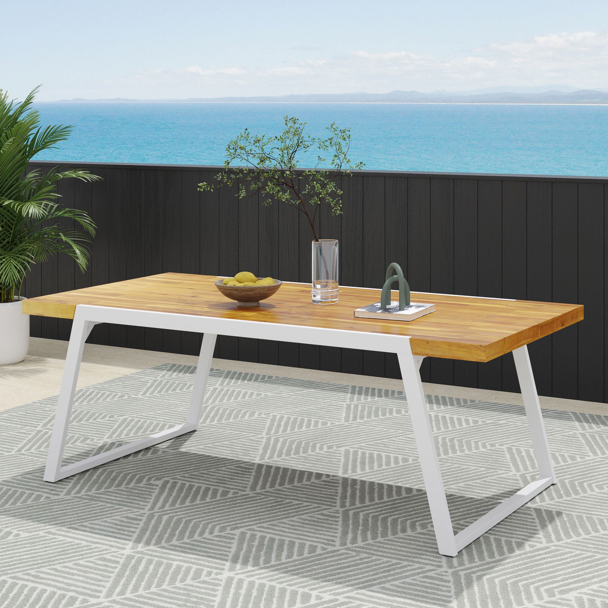 Outdoor Dining Table With Slat Top - Teak / White