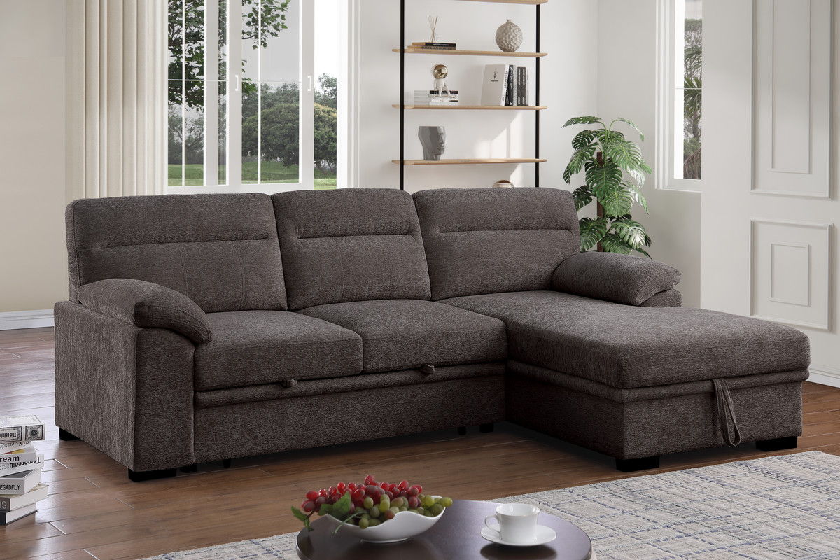 Kipling II 94"W Brown Chenille Fabric Sleeper Sectional Sofa with Right-Facing Chaise, Cupholders, USB Charging port