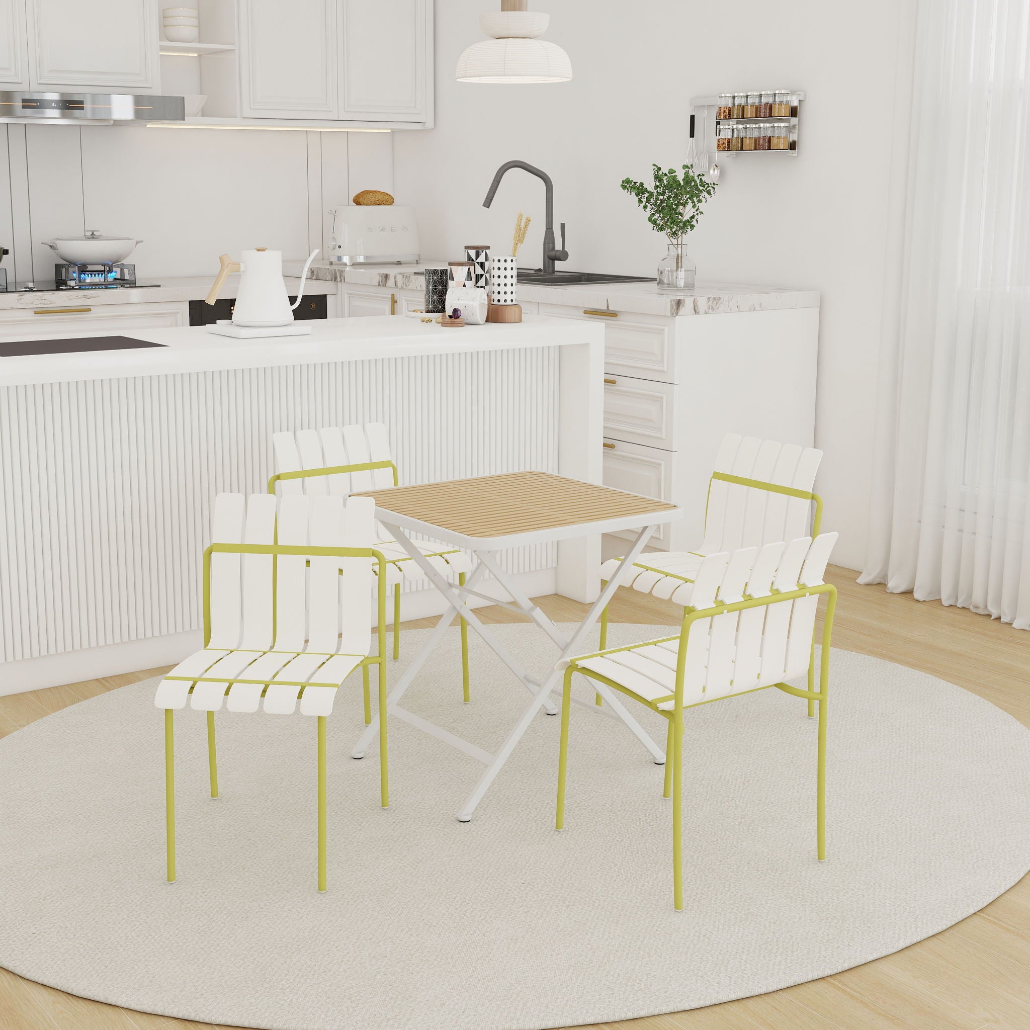 4 Piece Set Of Modern Color Block Designed Single Chairs With Folding Square Table