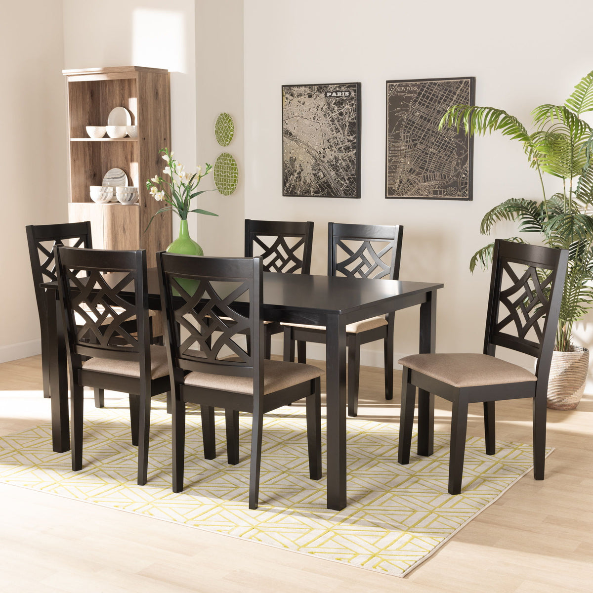 Nicolette Modern and Contemporary Sand Fabric Upholstered and Dark Brown Finished Wood 7-Piece Dining Set