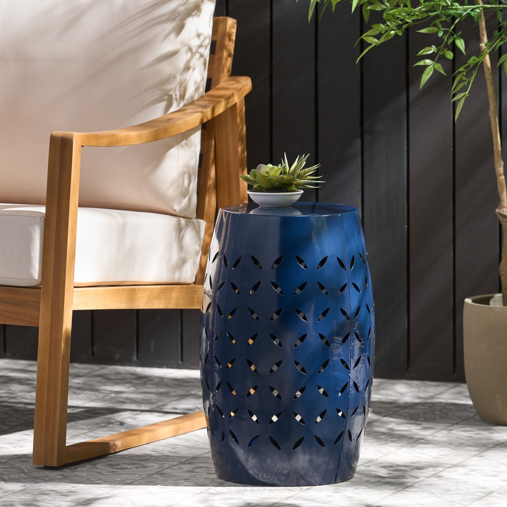 Outdoor Lace Cut Side Table - Navy Blue