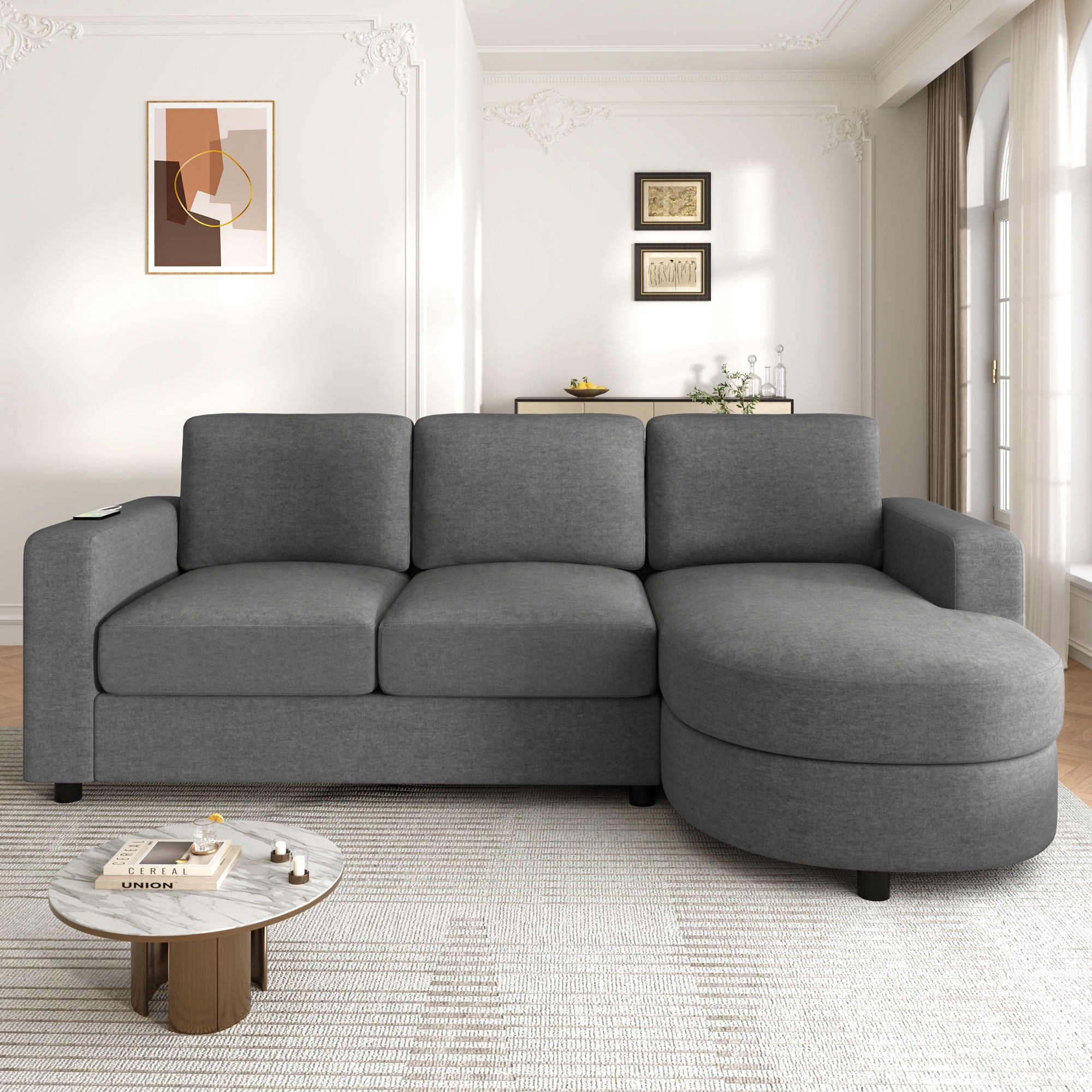 Modern L-Shaped Sectional Sofa With Curved Chaise, USB Ports, And Side Storage Pockets
