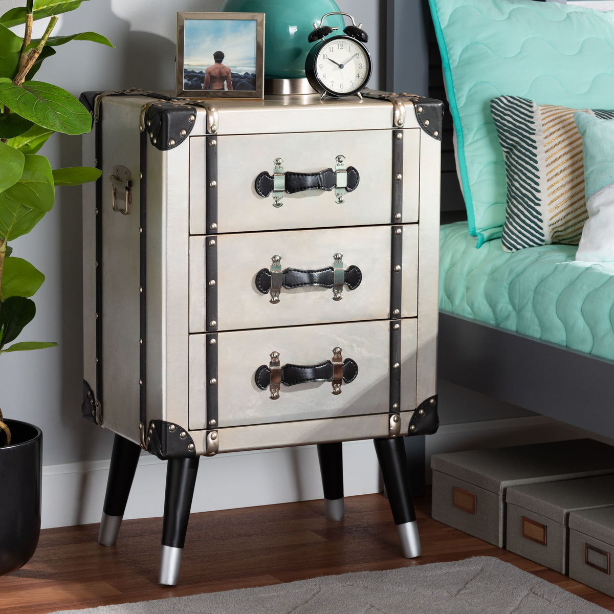 Dilan Vintage Industrial Antique Silver Finished Metal Trunk Inspired 3-Drawer End Table