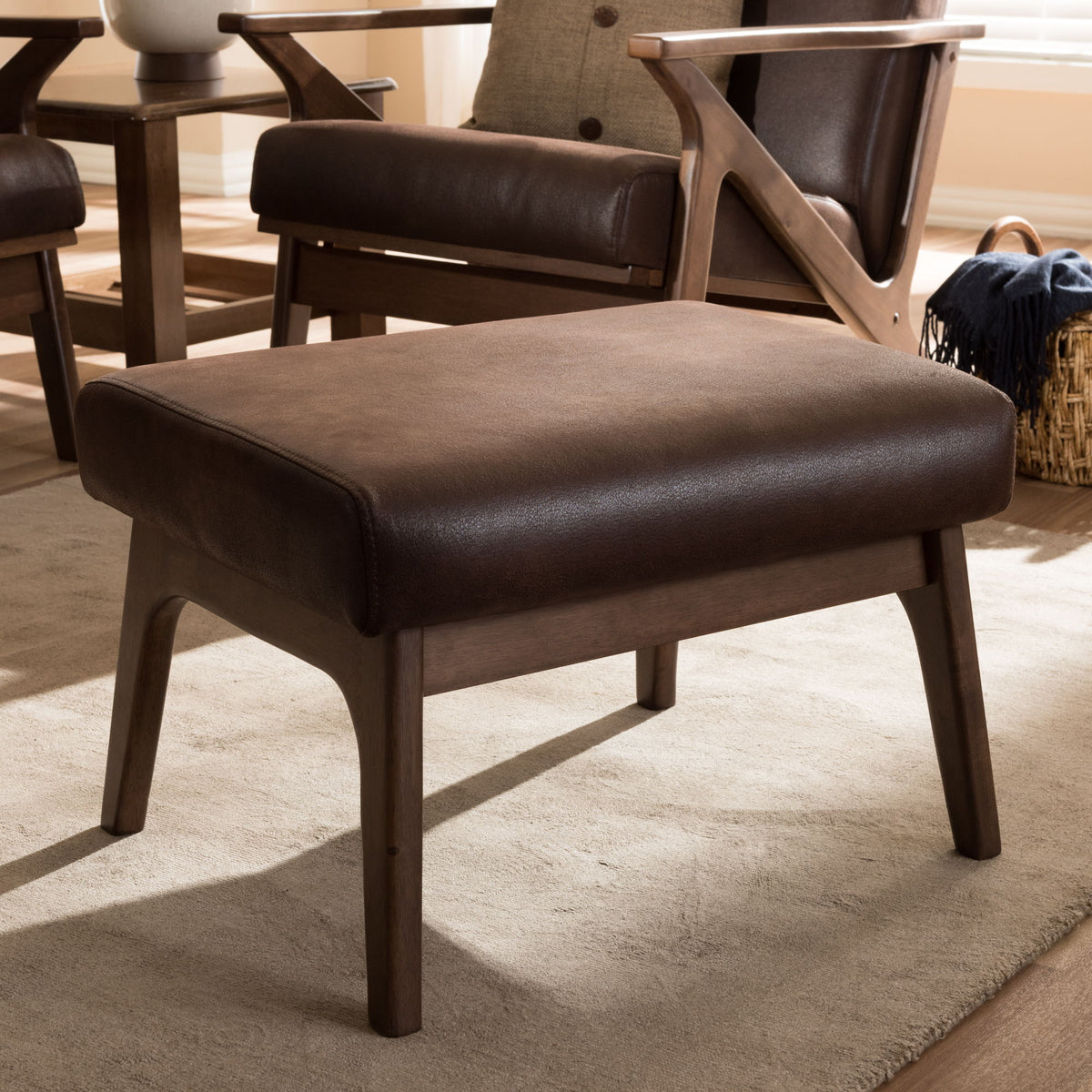Bianca Mid-Century Modern Walnut Wood Dark Brown Distressed Faux Leather Ottoman