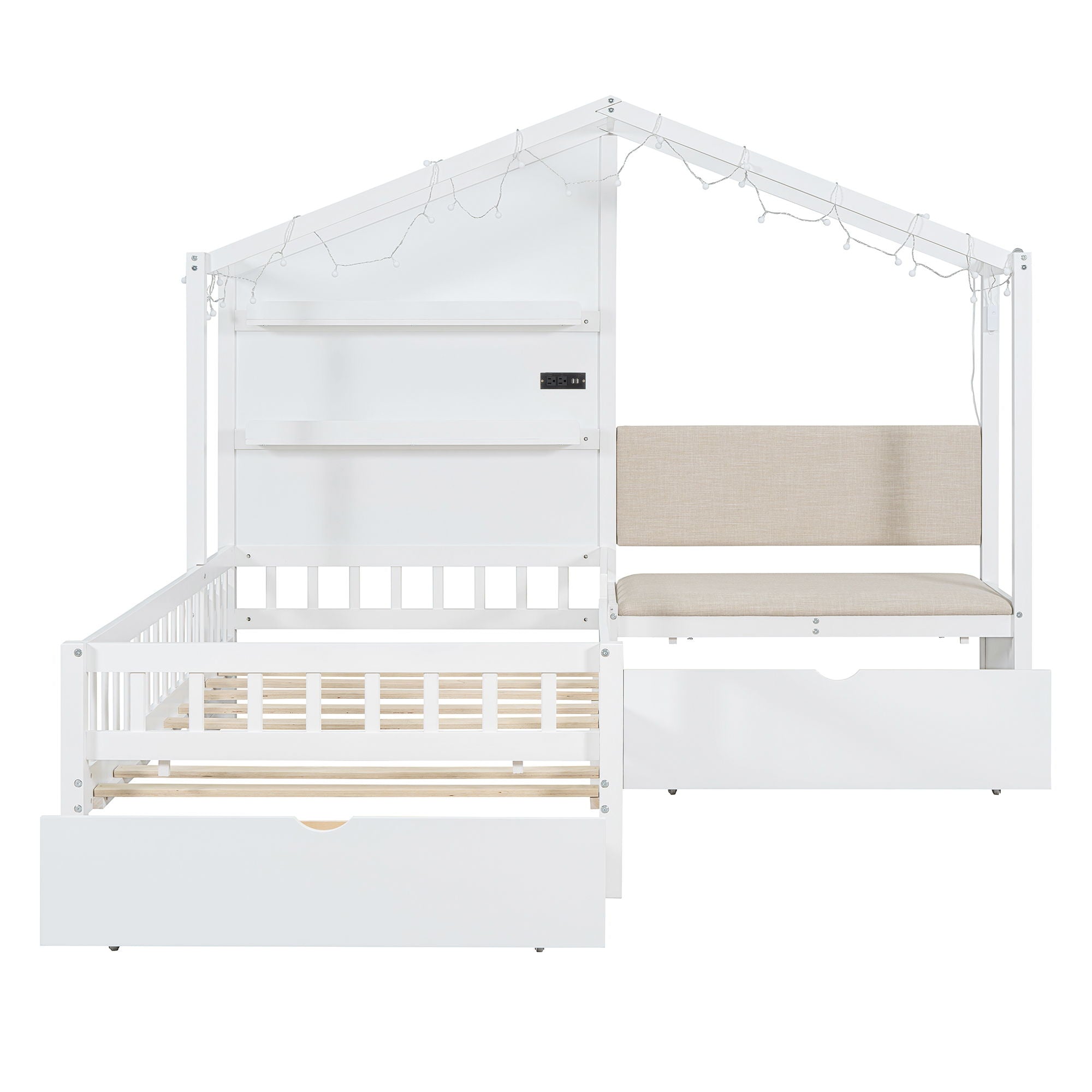 House Bed With Upholstered Sofa, Wireless Charging Station, Shelves And 2 Drawers