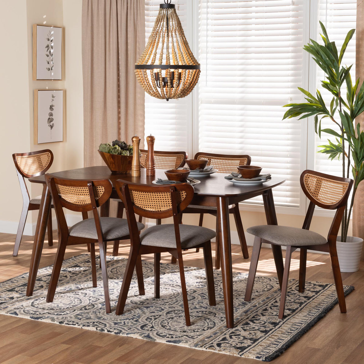 Dannell Mid-Century Modern Grey Fabric and Walnut Brown Finished Wood 7-Piece Dining Set