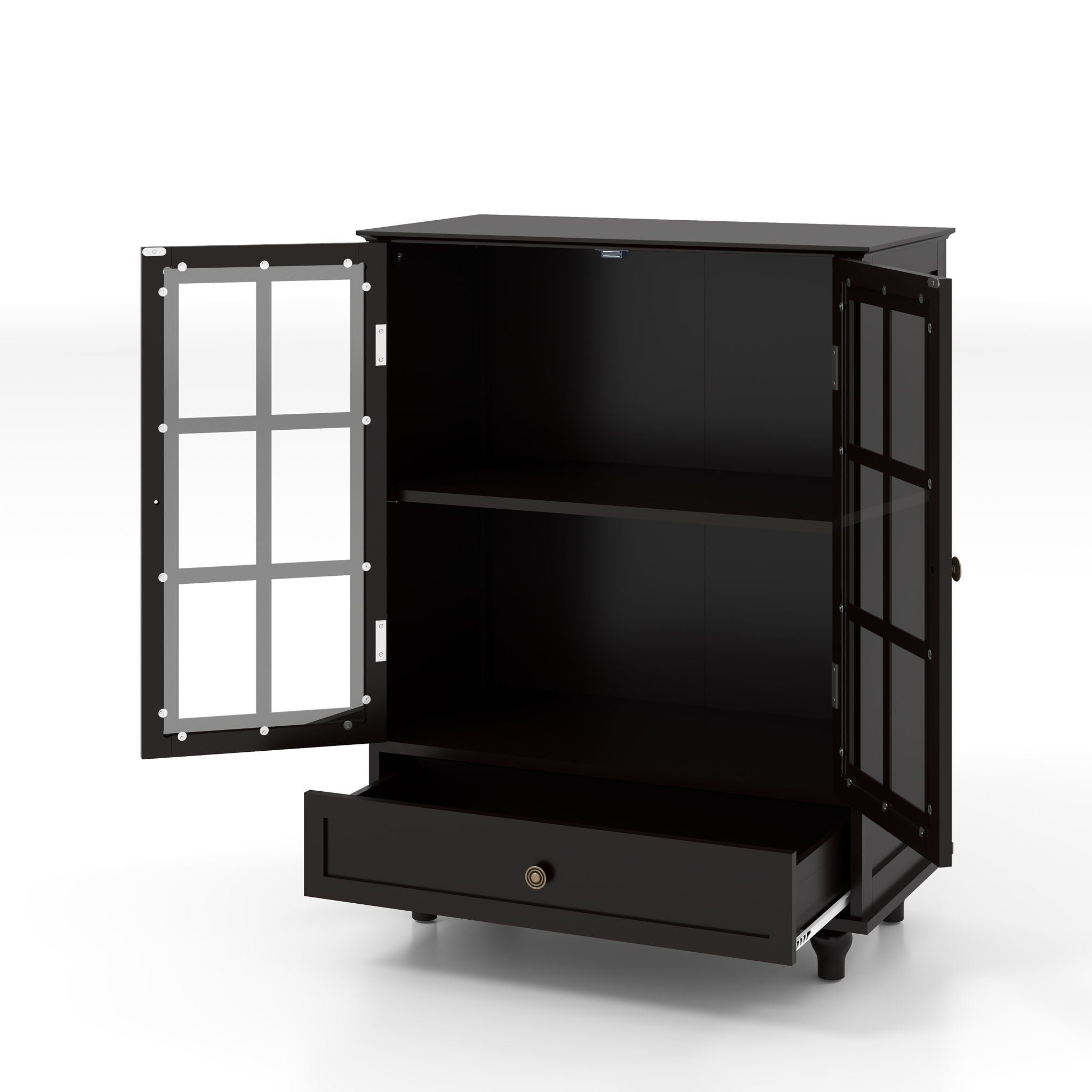 Minimalist Buffet Cabinet With Double Glass Doors And Drawer