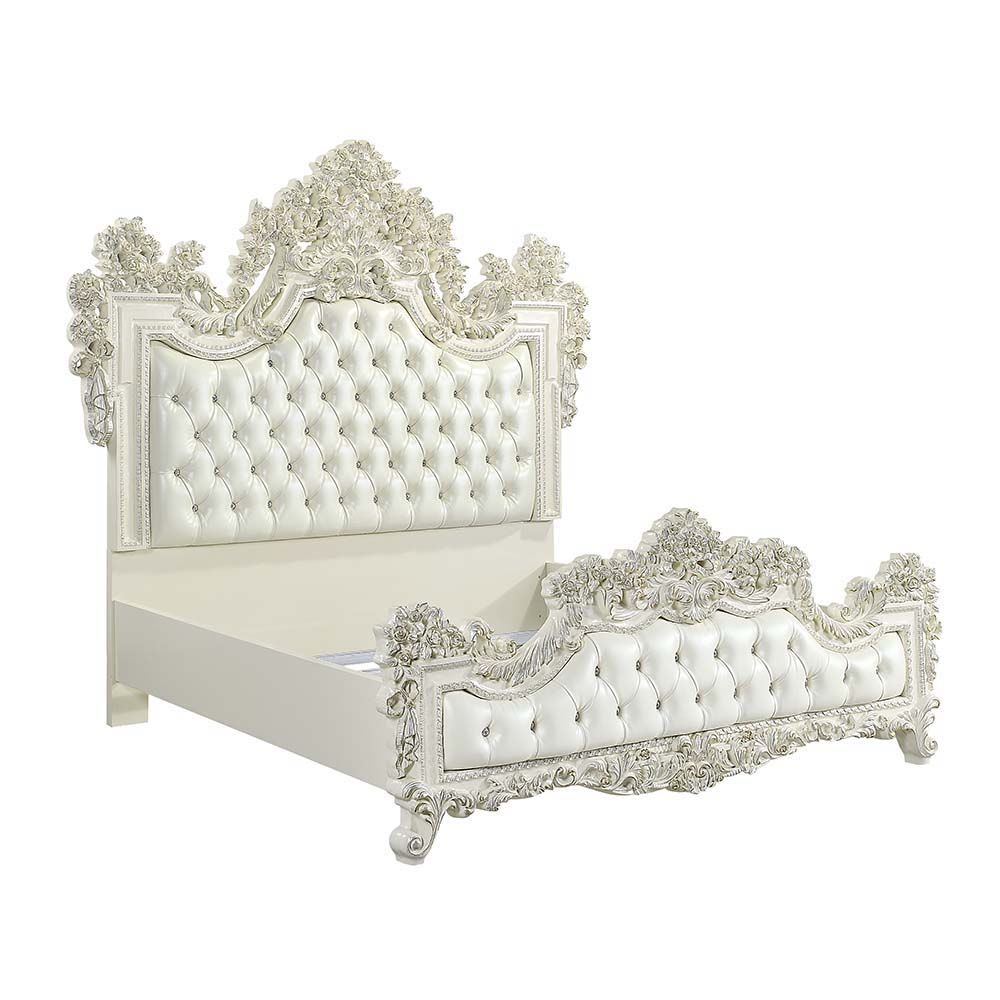 ACME Adara - Eastern King Bed - White PU & Antique White Finish | Meri Furniture