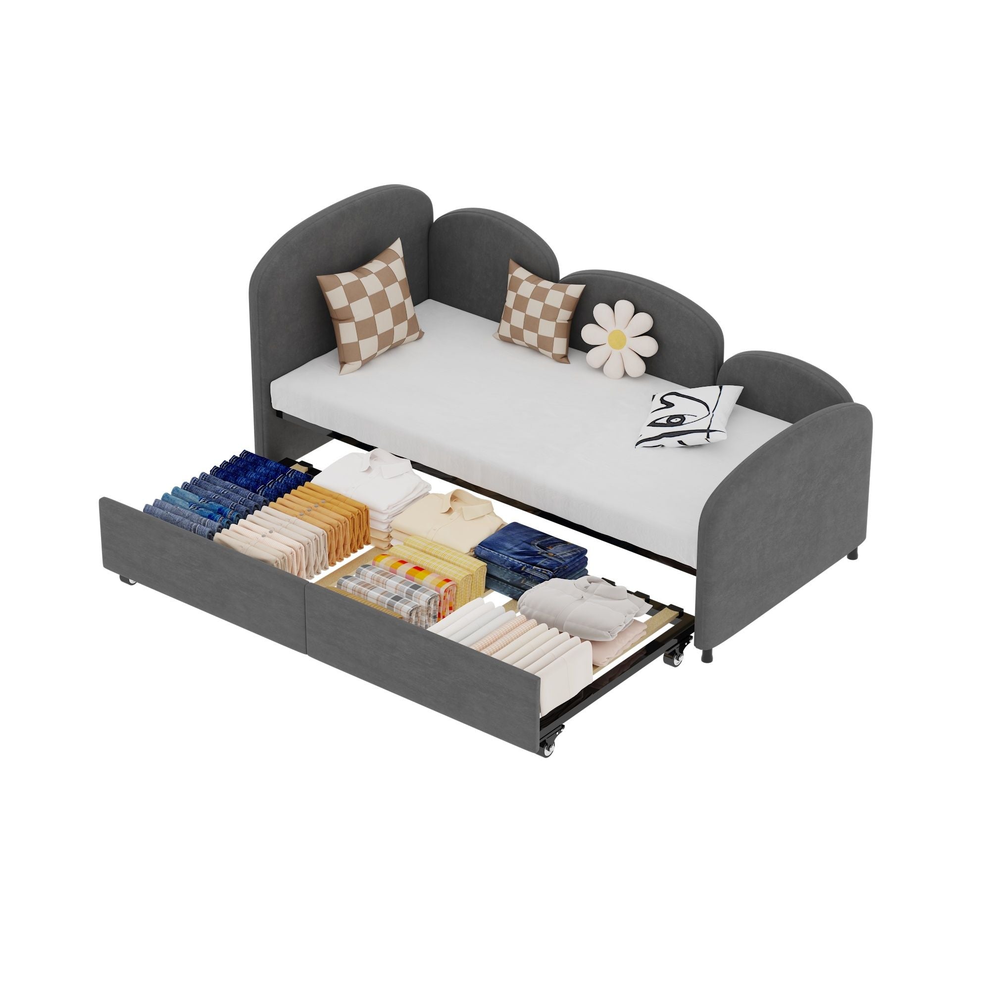Modern Velvet Upholstered Daybed With Additional Bed Frame
