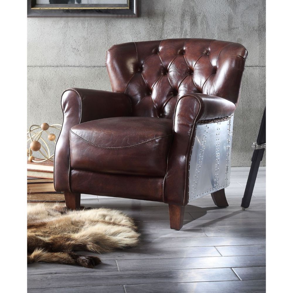 ACME Brancaster - Accent Chair - Vintage Brown & Aluminum | Meri Furniture