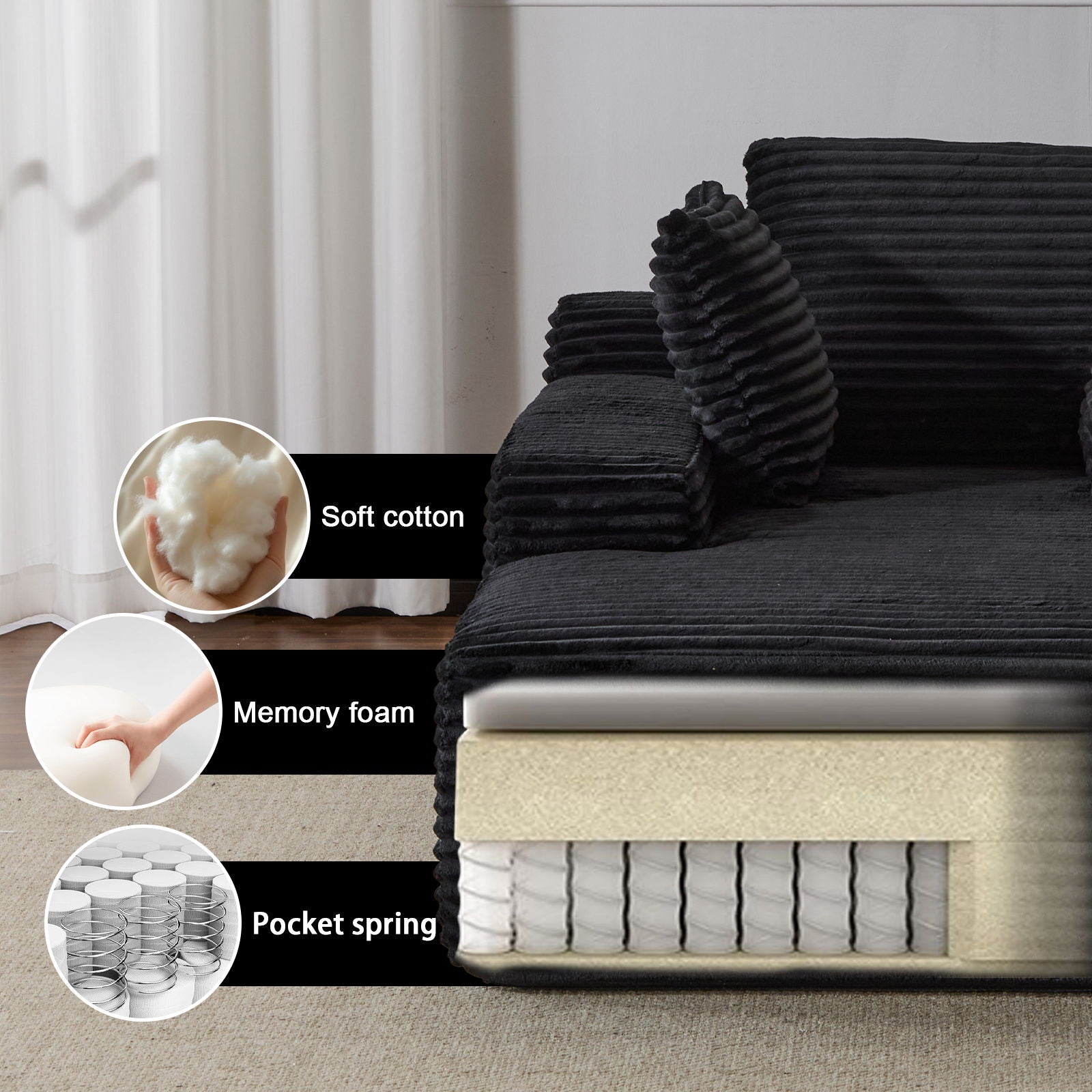 Oversized Chaise Lounge Chair Cozy Cloud Couch With 3 Throw Pillows And Wide Armrest