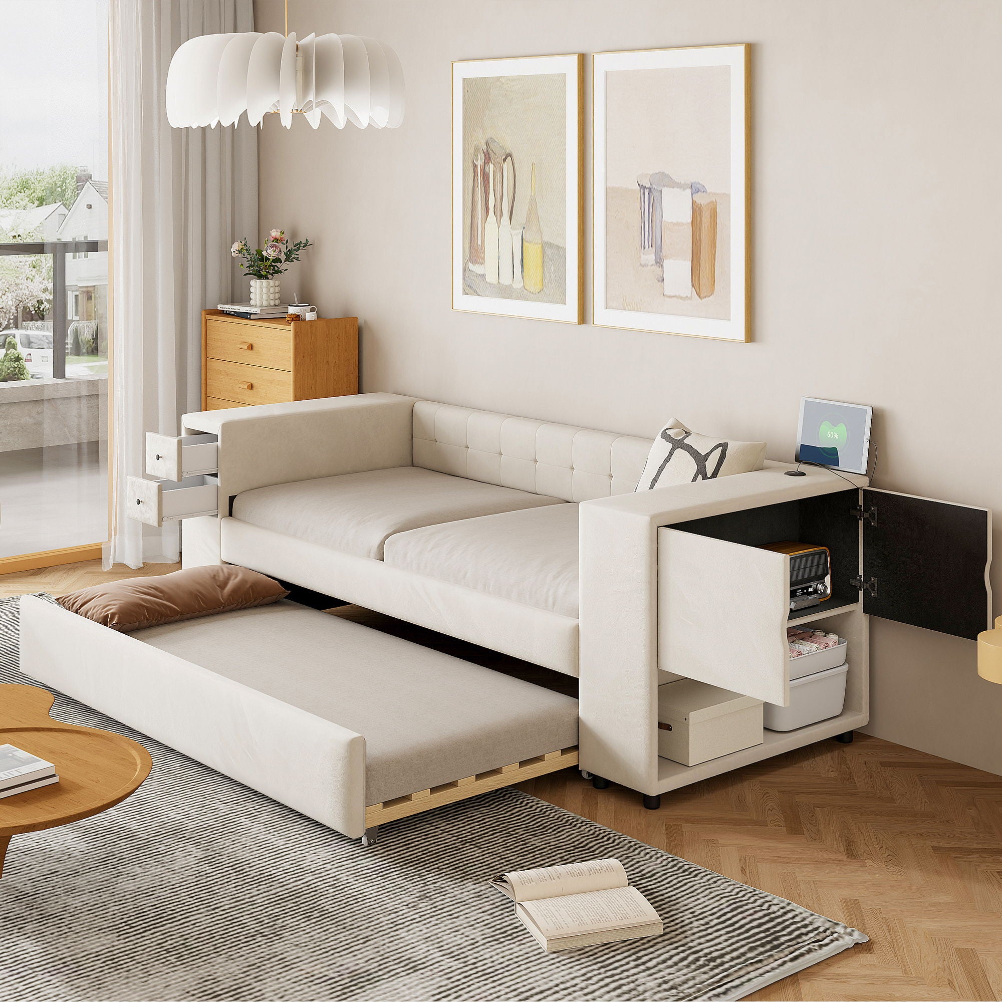 Upholstered Bed With Storage And Twin Trundle, USB Charging Ports