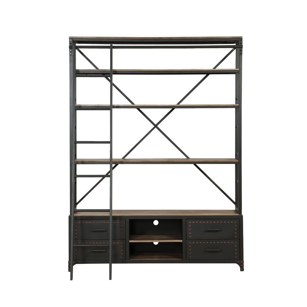 ACME Depict the gentle flow of industrial modern decor with the Actaki bookshelf and ladder set. Industrial modern shelving unit with 4 drawers with Nailhead trim and 2 open shelves provide a unique storage and display to you room. Some assembly required.