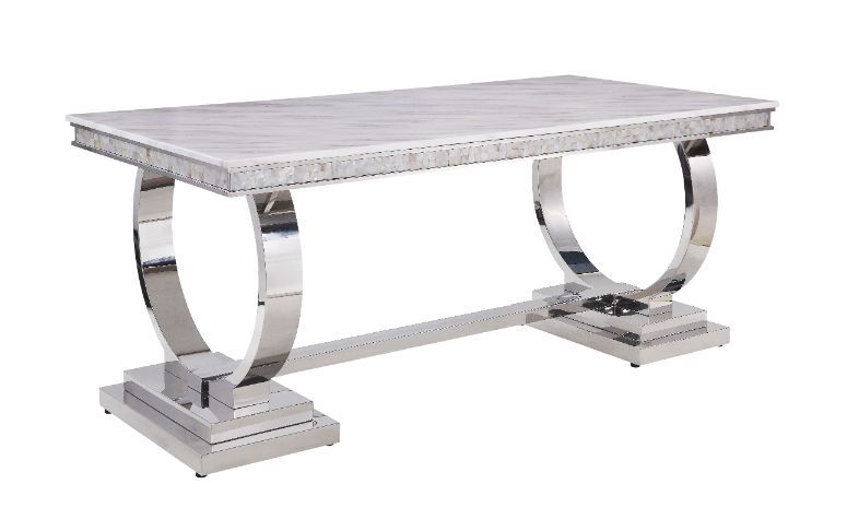 ACME Zander - Dining Table - White Printed Faux Marble & Mirrored Silver Finish | Meri Furniture