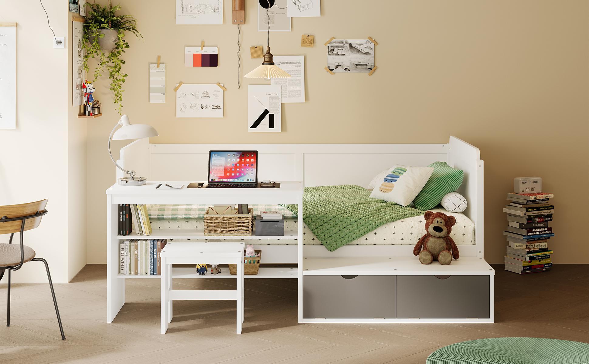 Daybed With Storage Shelves And Lockers, Multi Functional Bed With Study Desk And Matching Stool