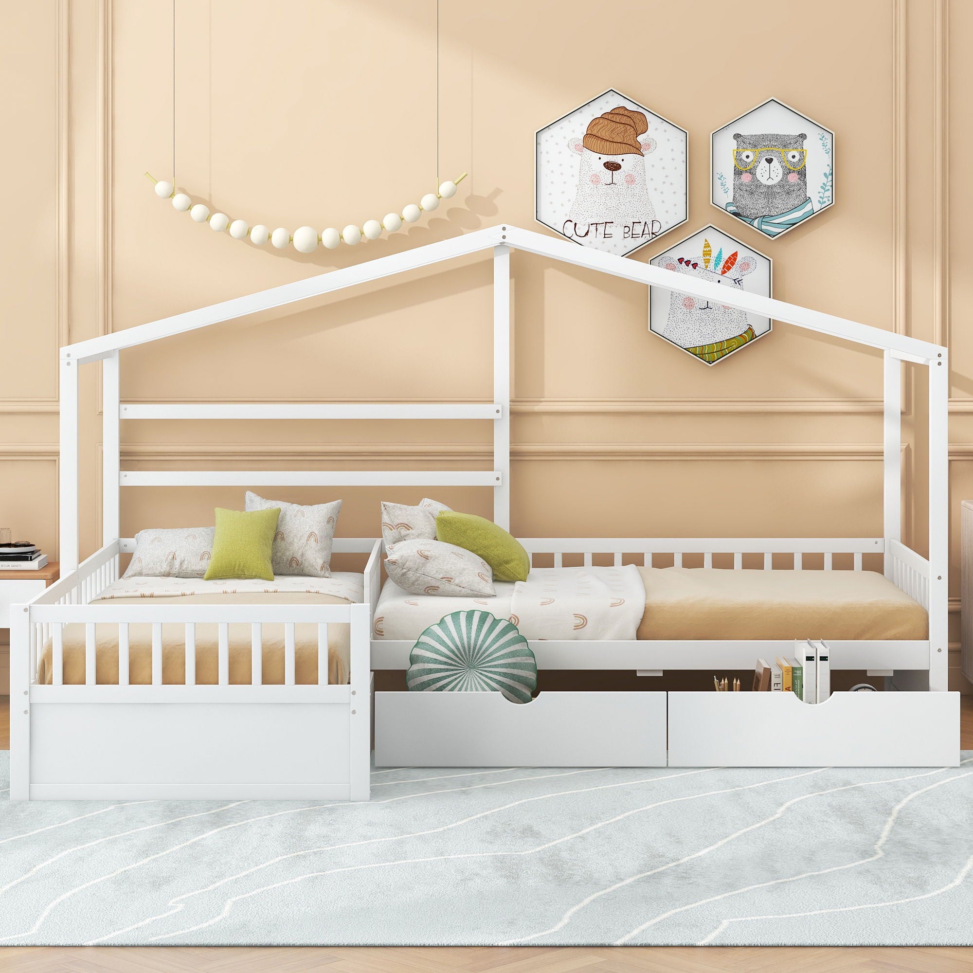 L Shape Platform Bed With 3 Storage Drawers