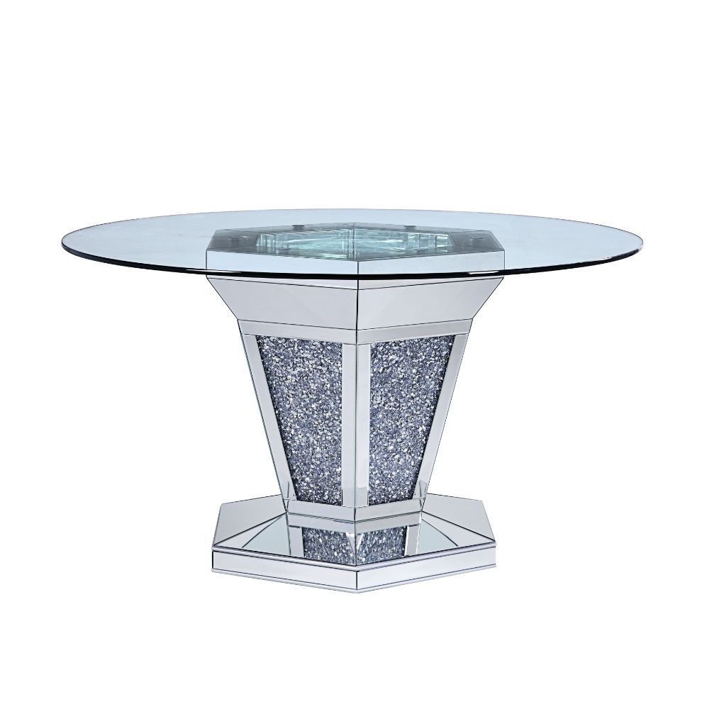 ACME Noralie - Dining Table - Mirrored, Faux Diamonds & Clear Glass | Meri Furniture