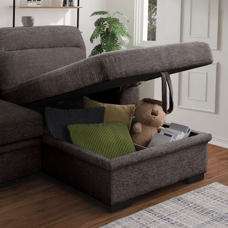 Kipling II 94"W Brown Chenille Fabric Sleeper Sectional Sofa with Right-Facing Chaise, Cupholders, USB Charging port