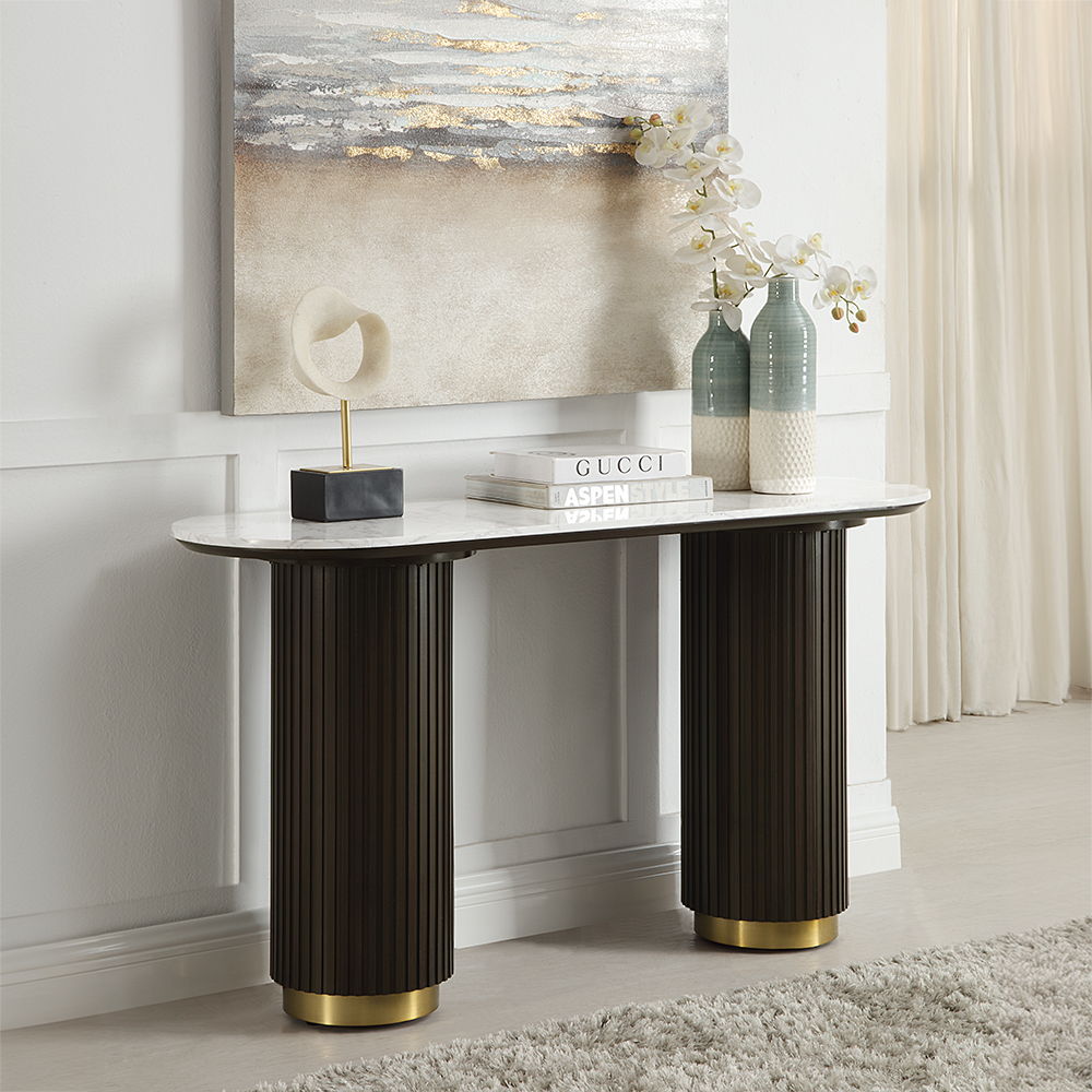 ACME Clayten - Sofa Table - White Natural Marble Top & Espreeso Finish | Meri Furniture